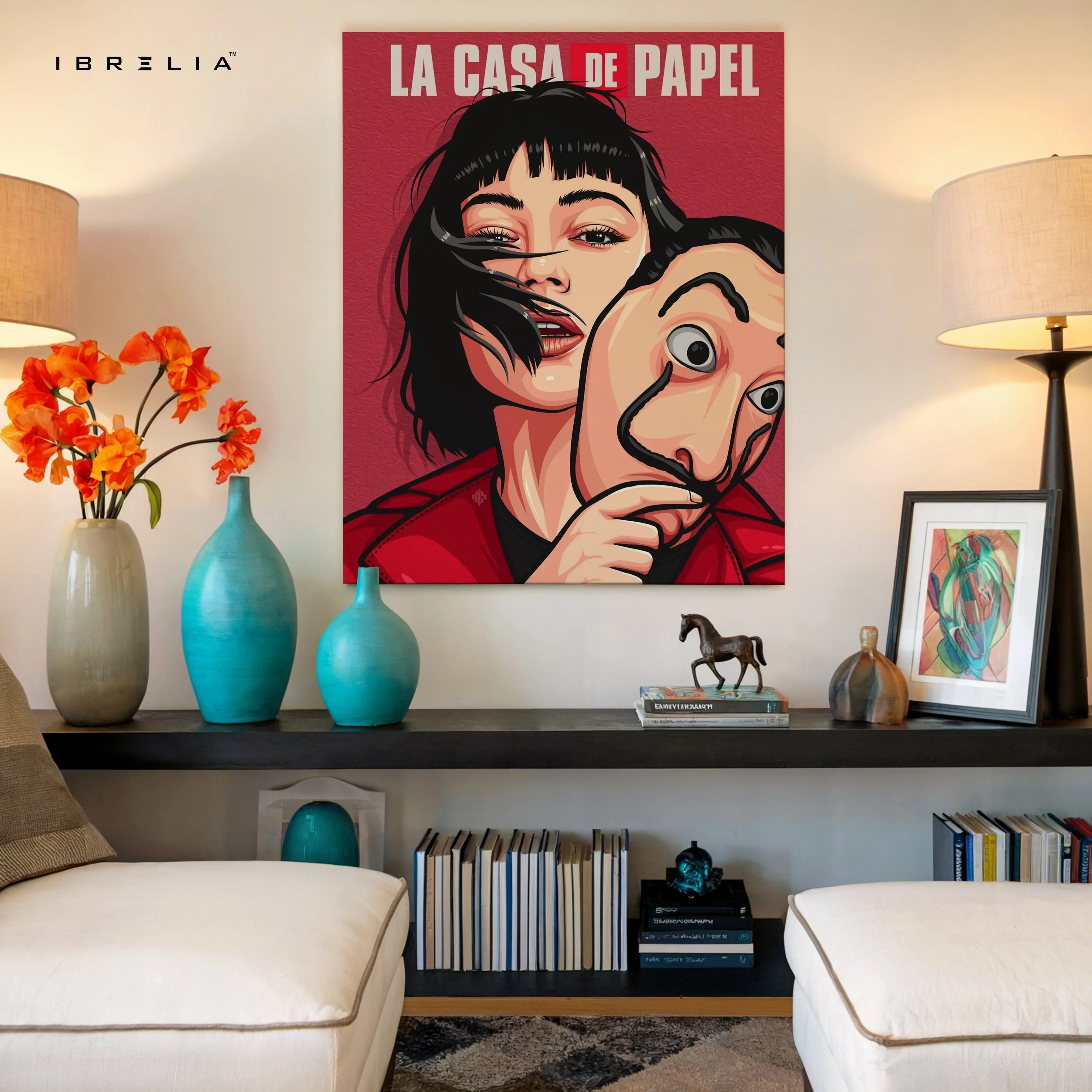 Heist Mask Girl Wall Art – Rebel Crime Canvas Frame | Bold Series Scene Decor Pakistan | IBRELIA™ IBRELIA