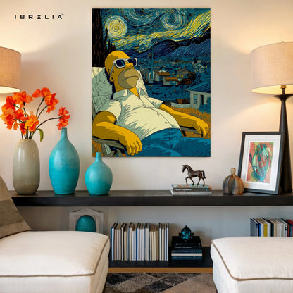 Starry Night Cartoon Relax Wall Art – Artistic Parody Canvas Frame | Aesthetic Chill Poster Pakistan | IBRELIA™ IBRELIA
