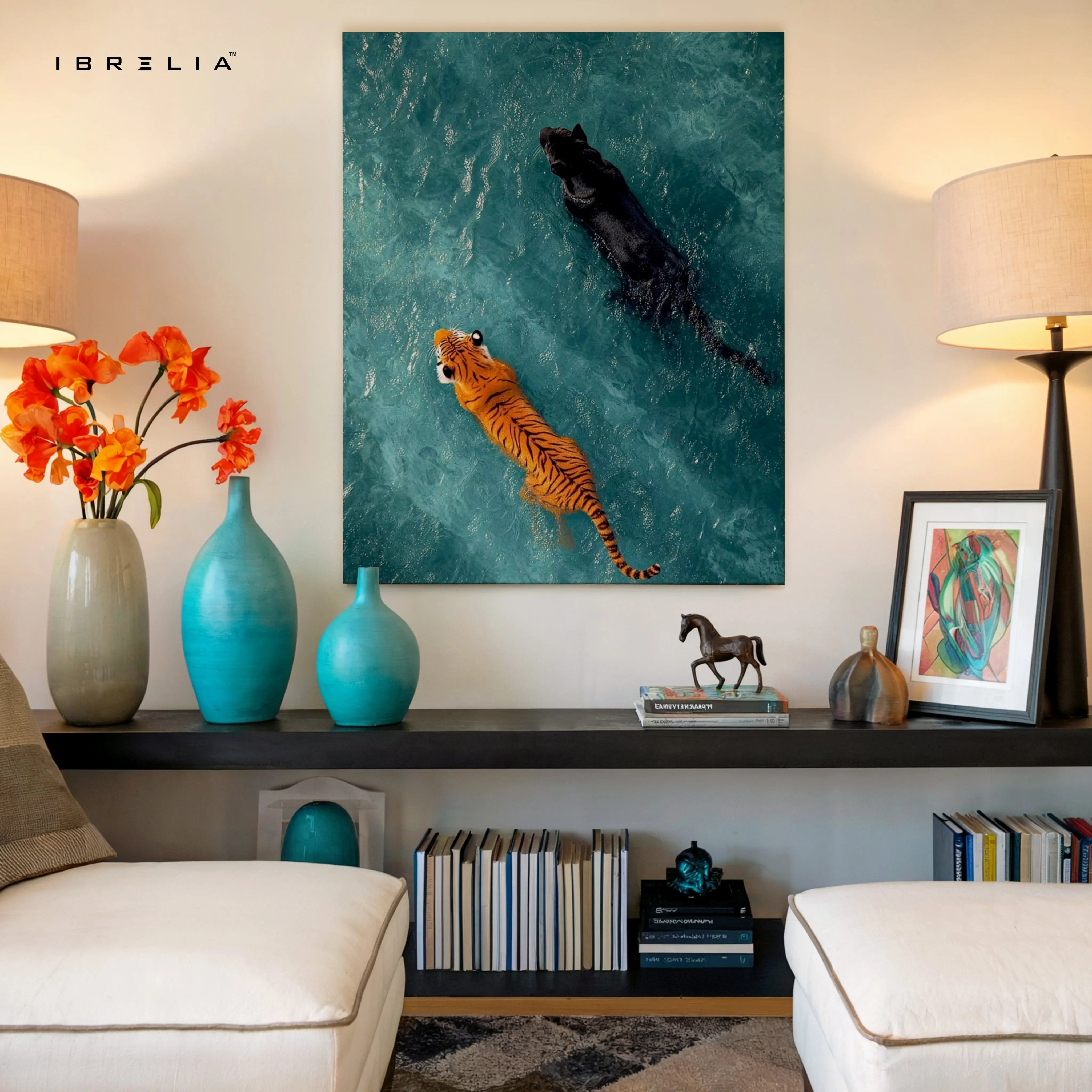 Tiger & Panther Swimming Wall Art – Minimal Wildlife Canvas Frame | Aesthetic Animal Poster Pakistan | IBRELIA™ IBRELIA