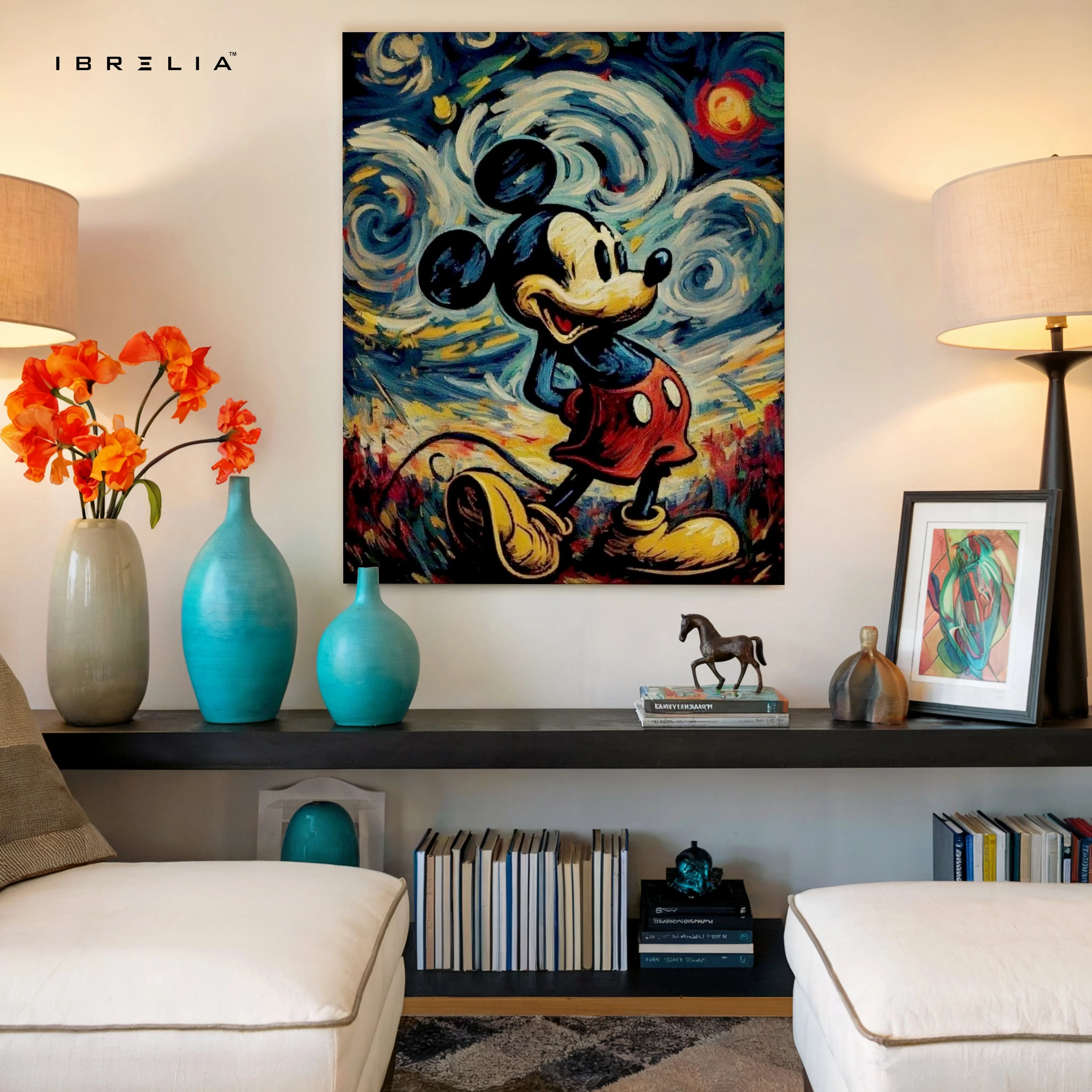 Mickey Mouse Starry Night Wall Art – Artistic Cartoon Canvas Frame | Abstract Classic Painting Style Poster Pakistan | IBRELIA™ IBRELIA