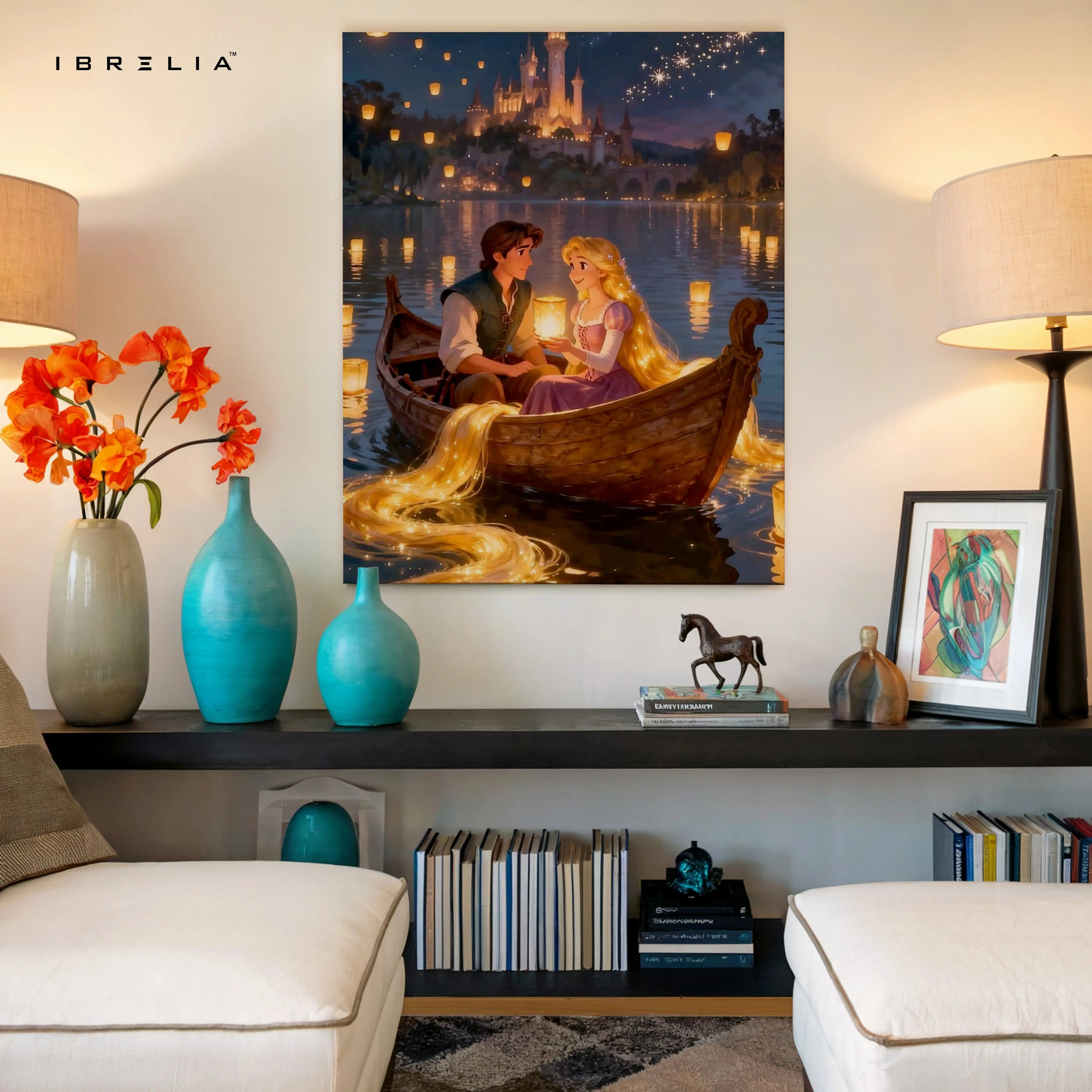 Rapunzel Lantern Boat Romance Wall Art – Fairytale Love Canvas Frame | Magical Couple Decor Pakistan | IBRELIA™ IBRELIA