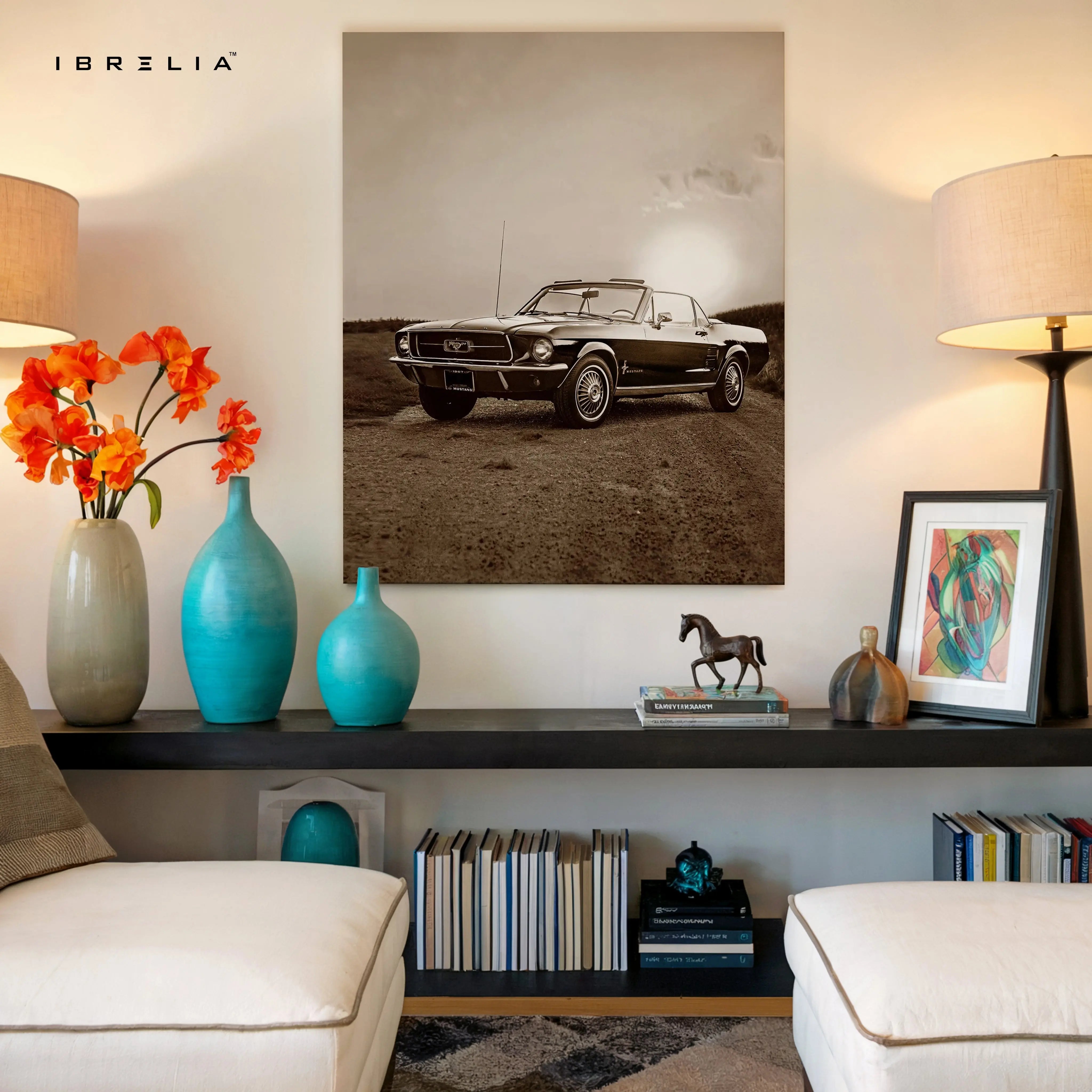 Vintage Ford Mustang Convertible Wall Art – Classic Muscle Car Poster | Retro Sepia Car Wall Frame in Pakistan | IBRELIA™ IBRELIA