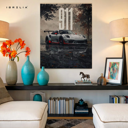 Porsche 911 Rain Noir Art – Dark Cinematic Sports Car Wall Art | 4K Ultra Wrap Frame Wall Art in Pakistan | IBRELIA™ IBRELIA