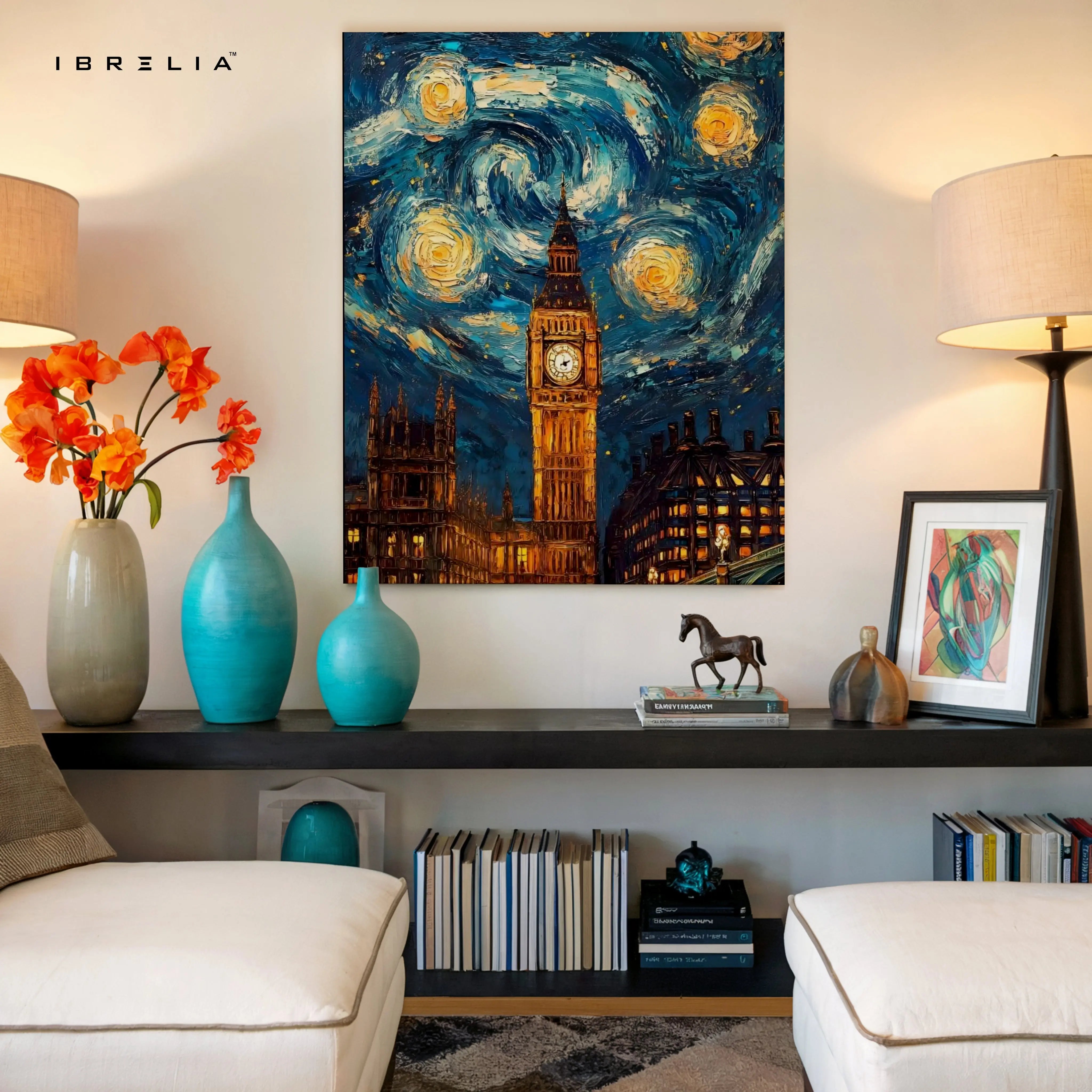 Big Ben Starry Night Wall Art – London Artistic Canvas Frame | Van Gogh Style Cityscape Poster Pakistan | IBRELIA™ IBRELIA
