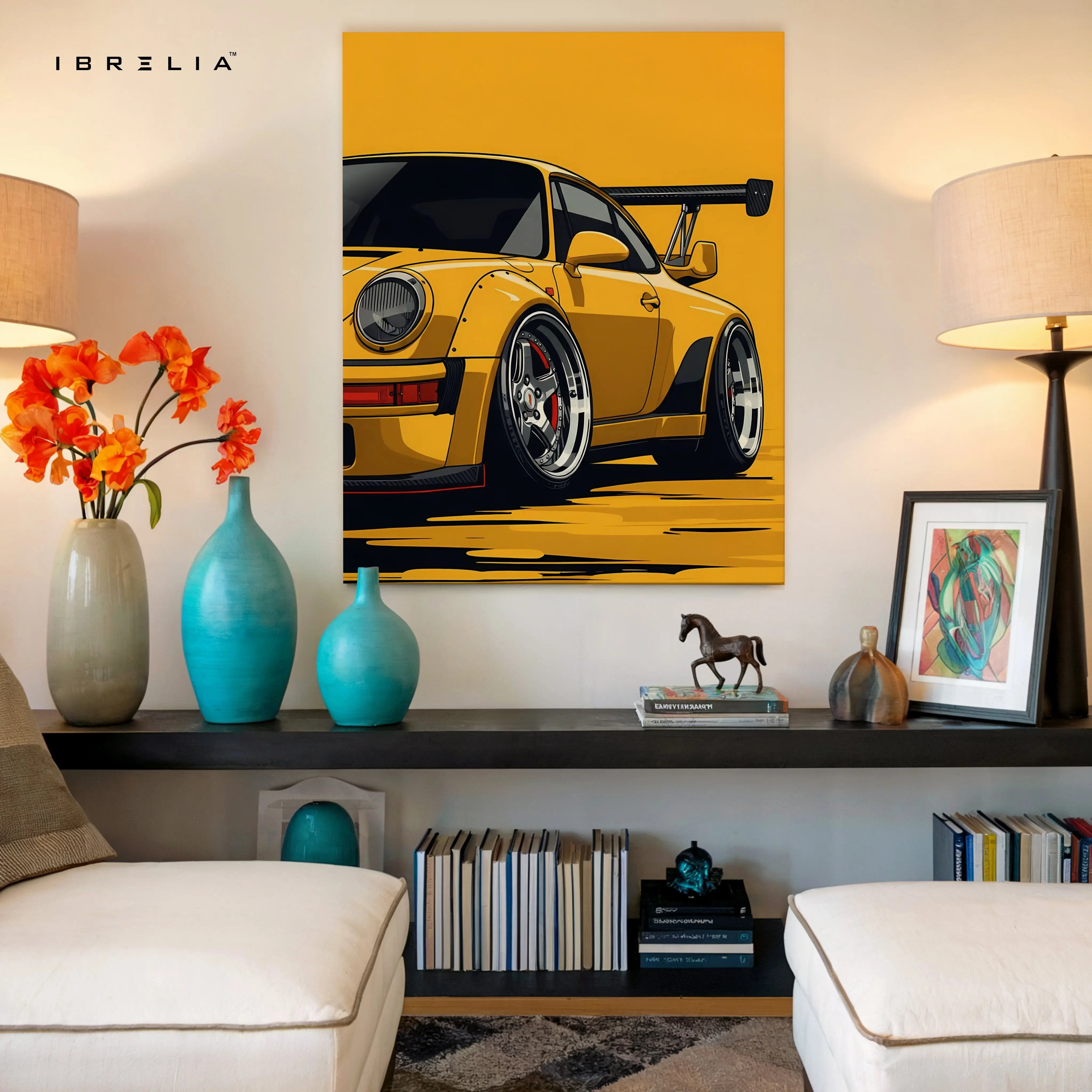 Porsche Yellow Widebody Wall Art – Sports Car Racing Canvas Frame Pakistan | JDM Style Car Poster | IBRELIA™ IBRELIA