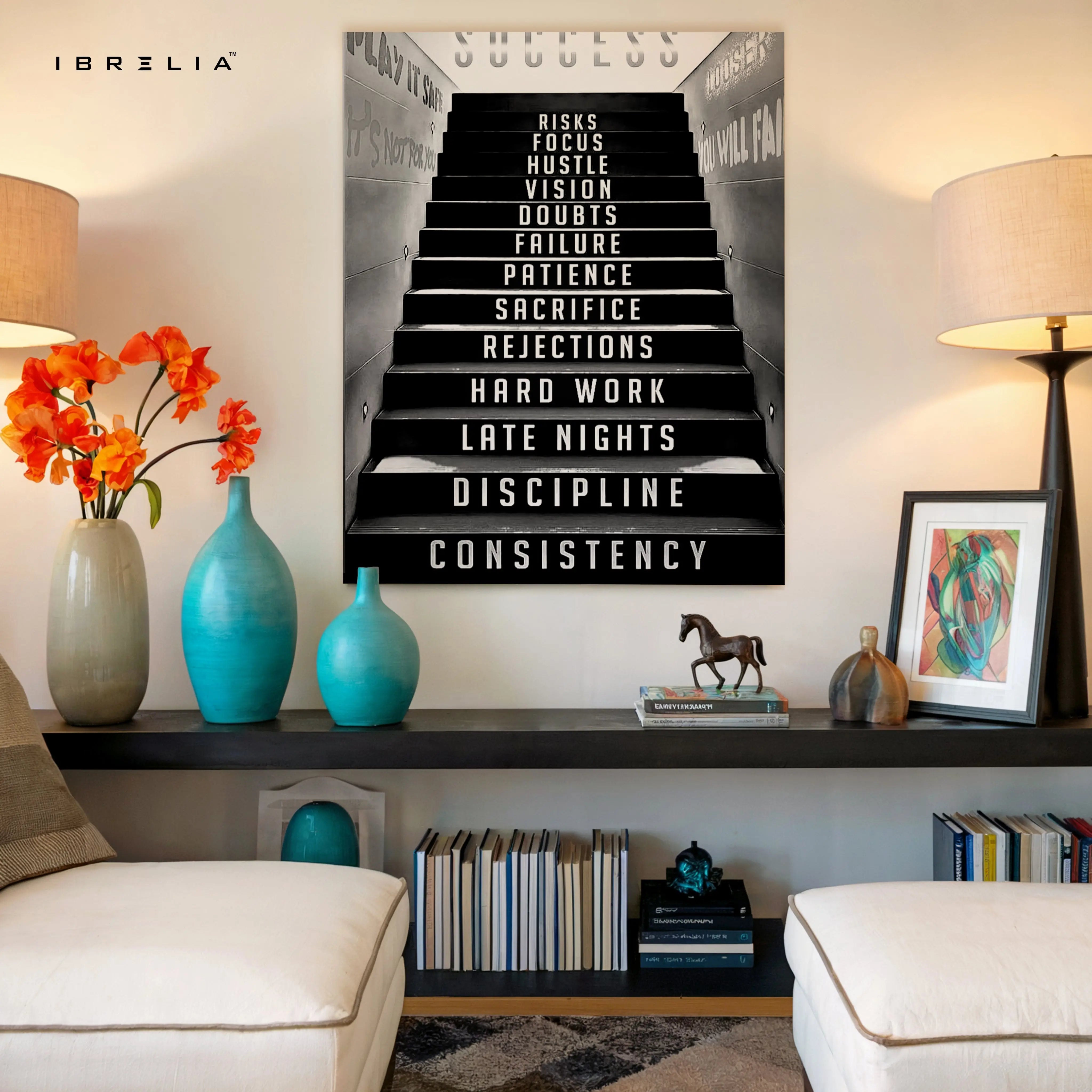 Success Staircase Motivation Wall Art – Hustle & Discipline Canvas Frame | Inspirational Office Poster Pakistan | IBRELIA™ IBRELIA