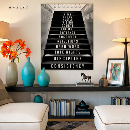 Success Staircase Motivation Wall Art – Hustle & Discipline Canvas Frame | Inspirational Office Poster Pakistan | IBRELIA™ IBRELIA