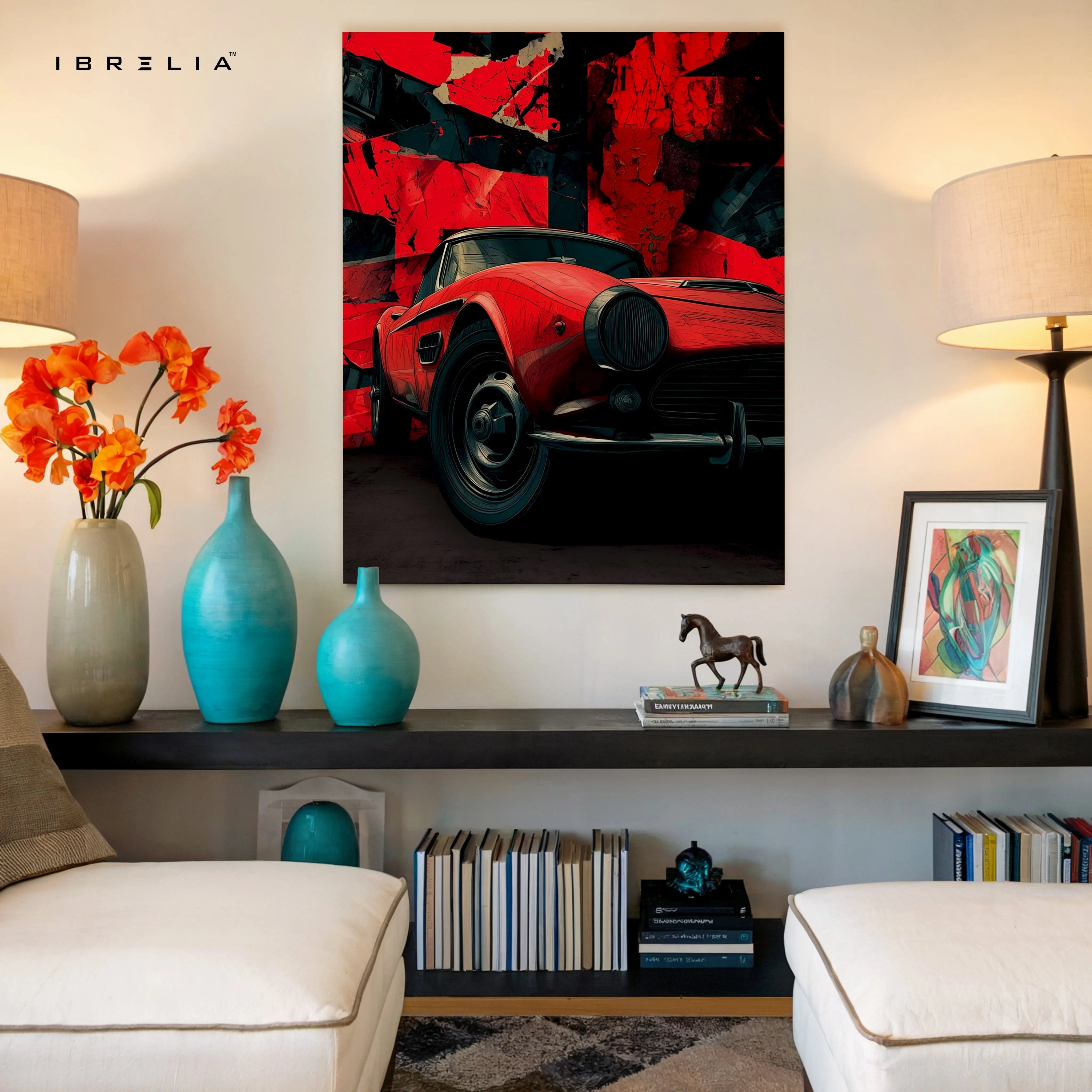 Vintage Red Sports Car Wall Art – Classic Car Canvas Frame Pakistan | Retro Automotive Poster | IBRELIA™ IBRELIA