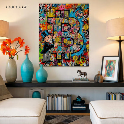 Bitcoin Graffiti Wall Art – Crypto Street Art Canvas | Monopoly Bitcoin Poster | Modern Finance Wall Decor Pakistan | IBRELIA™ IBRELIA