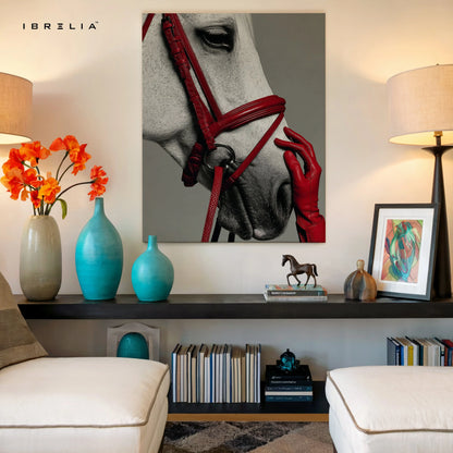 Luxury Horse Wall Art – Elegant White Horse Canvas Frame | Red Aesthetic Animal Poster Pakistan | IBRELIA™ IBRELIA