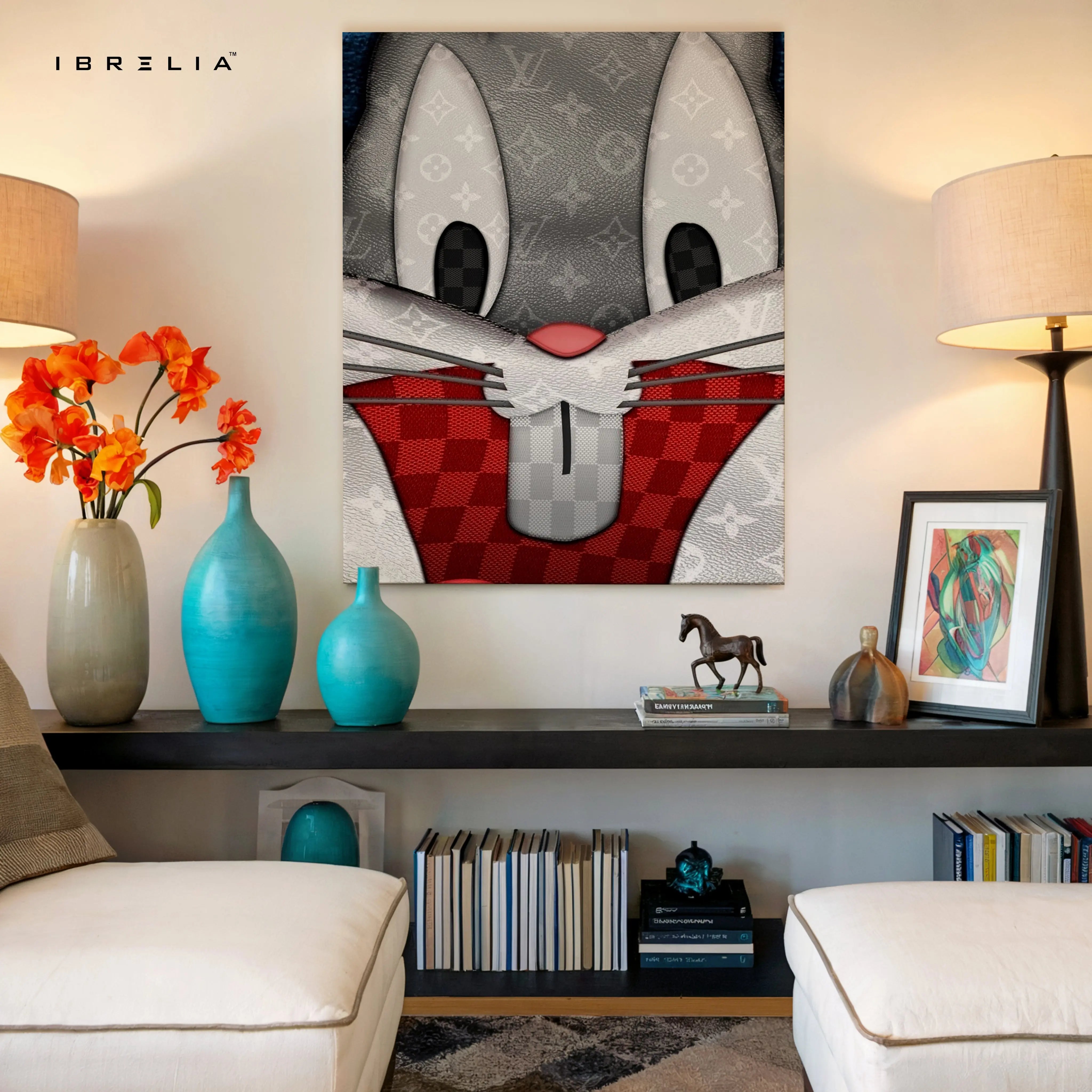 Luxury Cartoon Bunny Wall Art – Designer Pattern Aesthetic Canvas Frame | Cute Minimal Character Poster Pakistan | IBRELIA™ IBRELIA