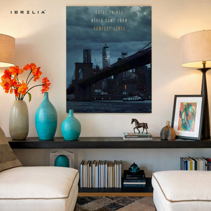 Great Things Never Came From Comfort Zones Wall Art – Motivational Cityscape Canvas Frame | Inspirational Quote Poster Pakistan | IBRELIA™ IBRELIA