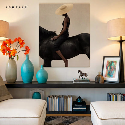 Minimal Equestrian Elegance Art – Modern Woman on Horse Aesthetic Wall Art | 4K Ultra Wrap Frame Wall Art in Pakistan | IBRELIA™ IBRELIA