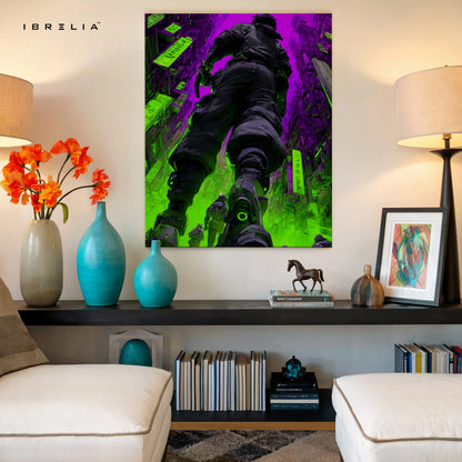 Cyberpunk Neon Soldier Wall Art – Futuristic City Canvas Frame | Sci-Fi Gaming Poster Pakistan | IBRELIA™ IBRELIA