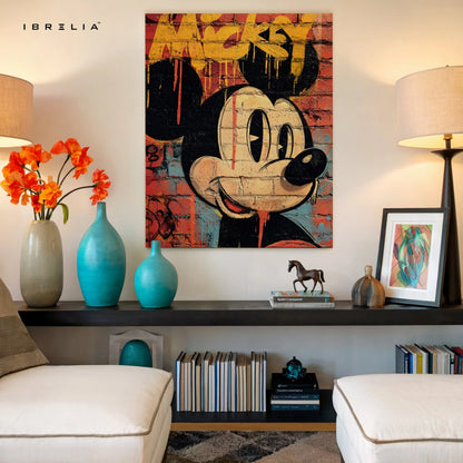 Mickey Mouse Graffiti Wall Art – Street Art Cartoon Canvas Frame | Urban Brick Style Poster Pakistan | IBRELIA™ IBRELIA