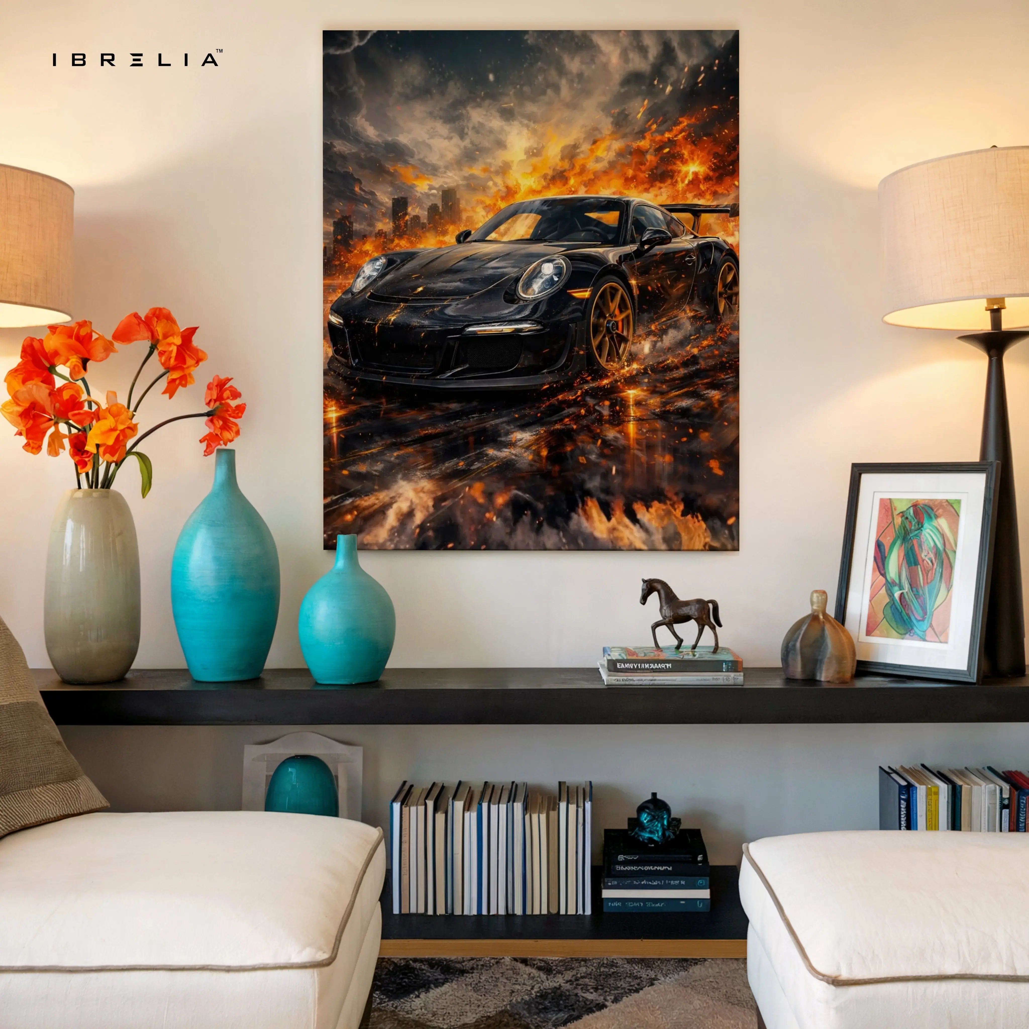Porsche Firestorm Wall Art – Cinematic Supercar Explosion Poster | 4K Ultra Wrap Frame Wall Art in Pakistan | IBRELIA™ IBRELIA