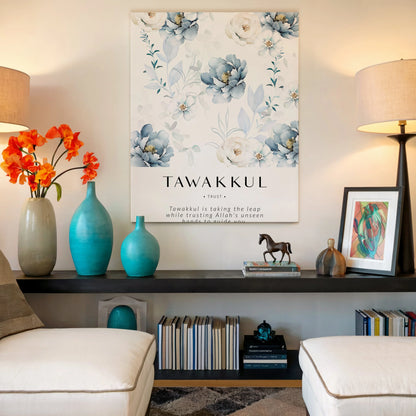 Tawakkul Islamic Wall Art – Blue Floral Trust Design | 4K Ultra Wrap Frame Wall Art in Pakistan | IBRELIA™ IBRELIA