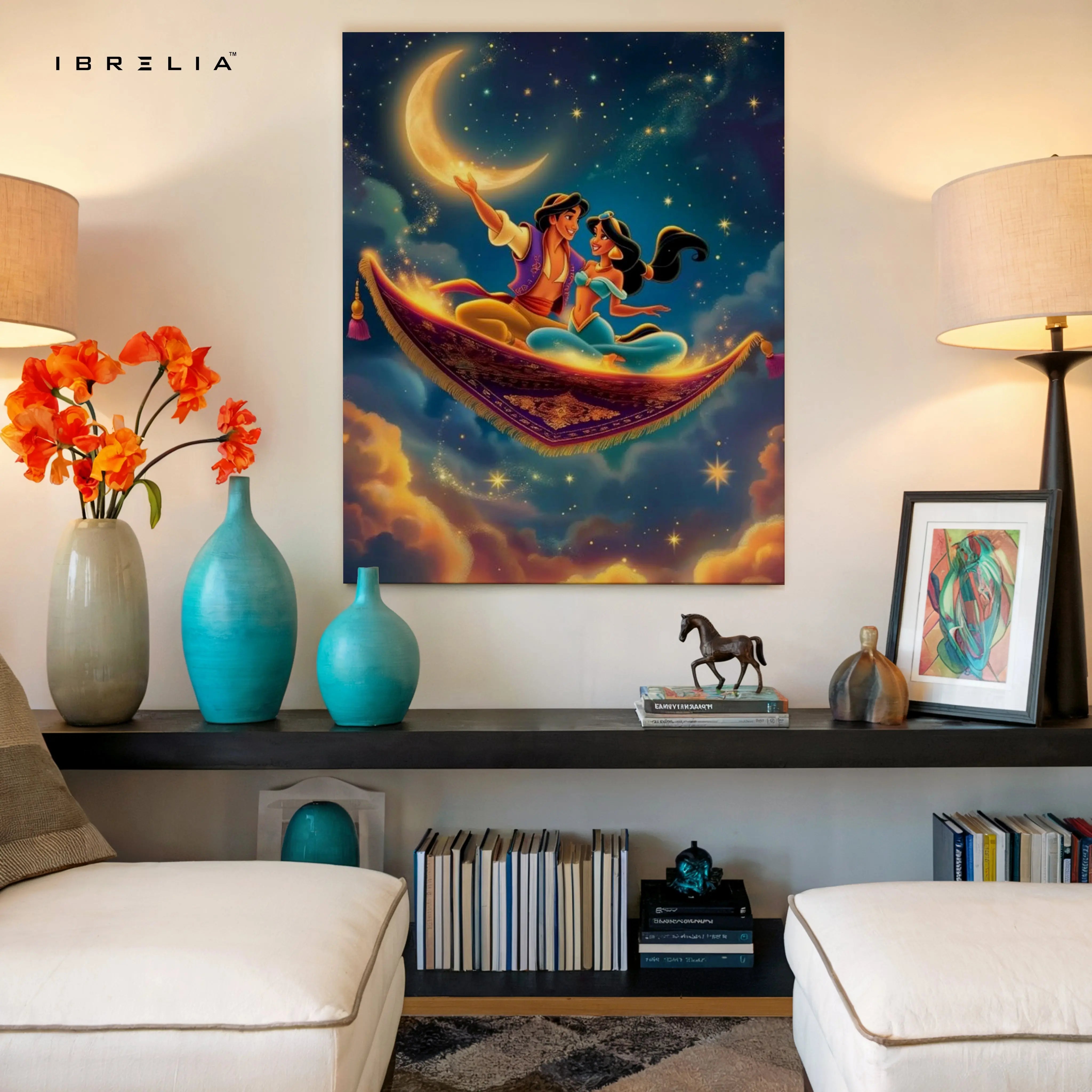 Magic Carpet Night Sky Wall Art – Romantic Fantasy Canvas Frame | Arabian Dream Decor Pakistan | IBRELIA™ IBRELIA