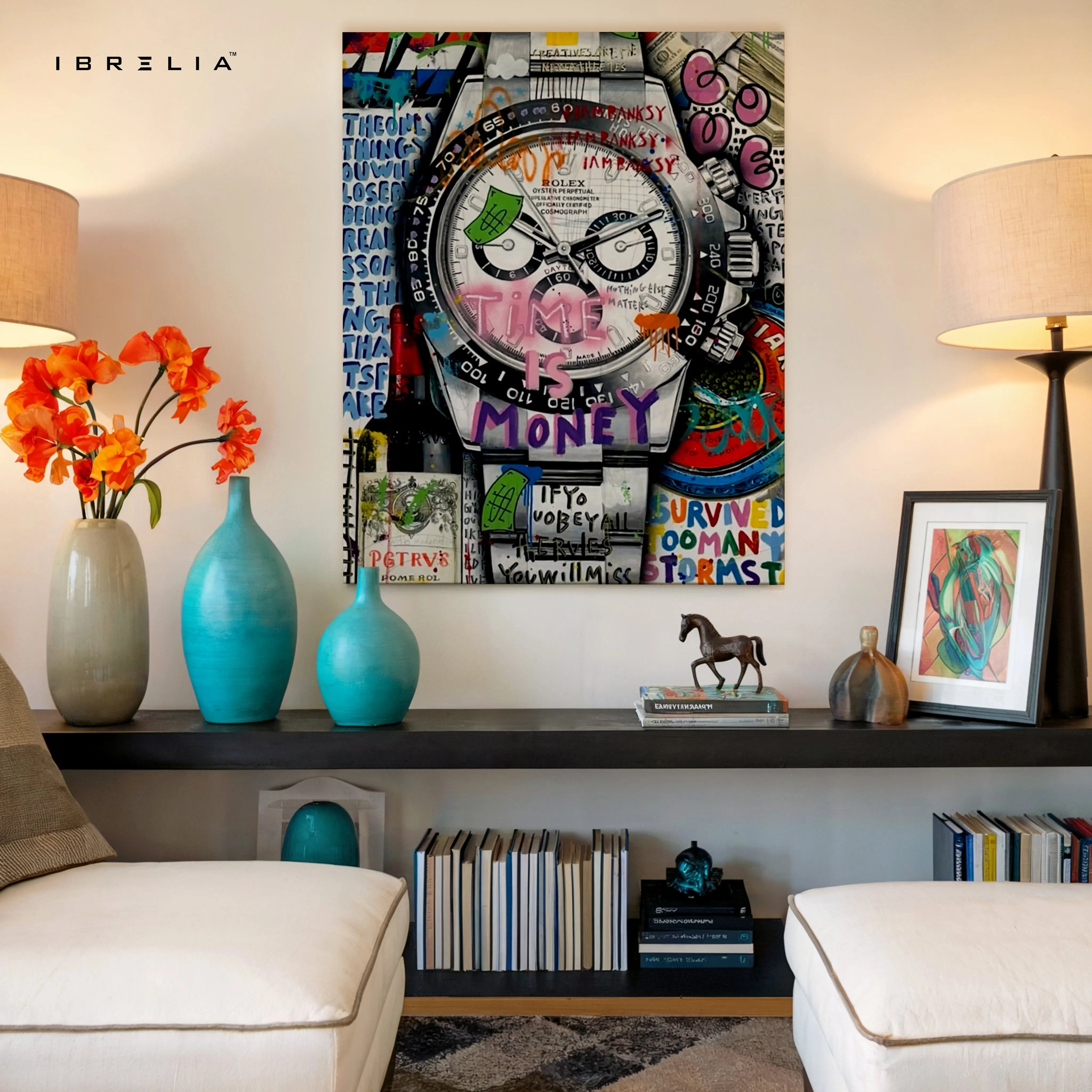 Luxury Watch Graffiti Wall Art – Rolex Inspired Street Art Poster | Time Is Money Canvas Frame Pakistan | IBRELIA™ IBRELIA