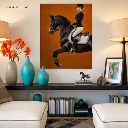 Royal Dressage Elegance Art – Black Horse Rider Luxury Minimal Wall Art | 4K Ultra Wrap Frame Wall Art in Pakistan | IBRELIA™ IBRELIA