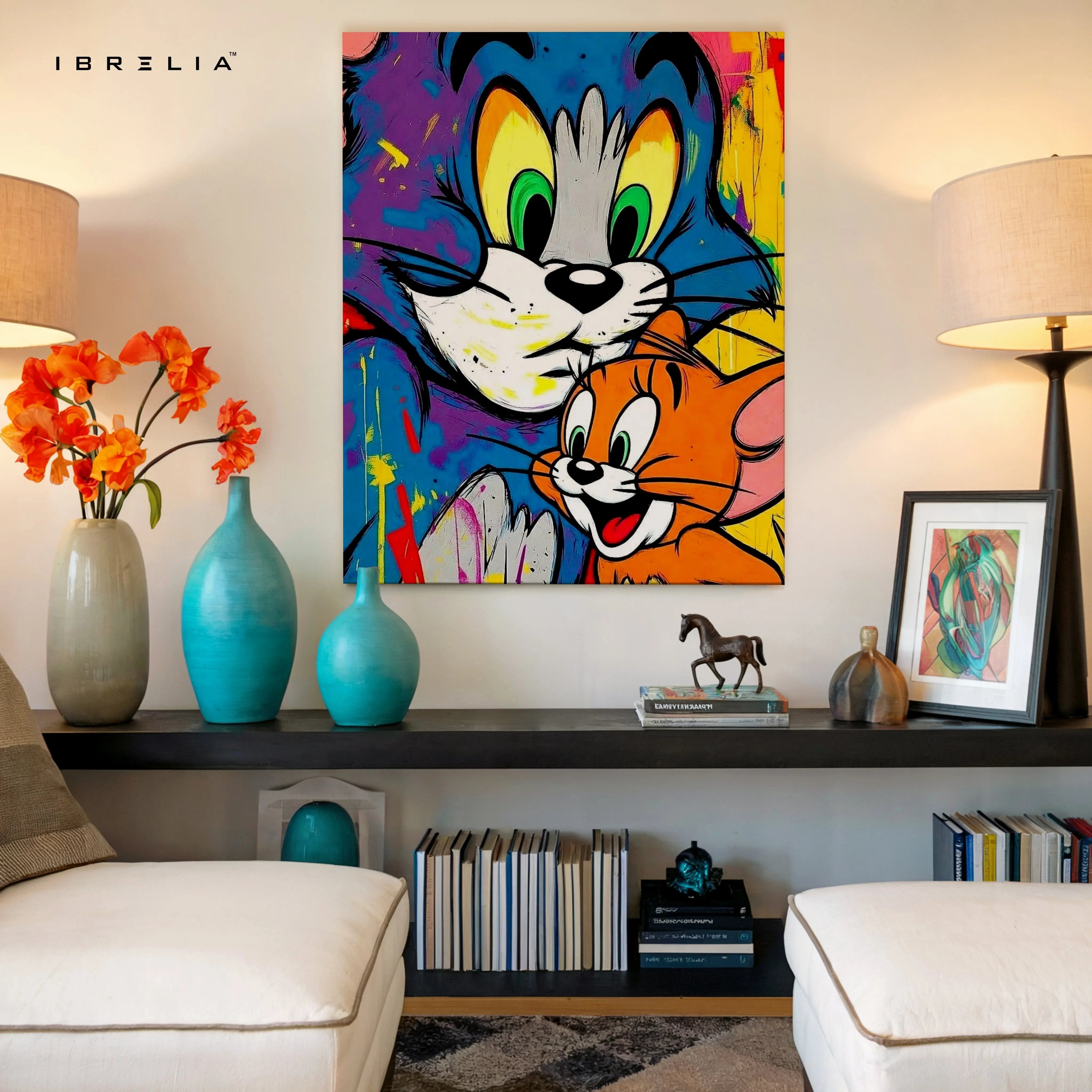 Tom & Jerry Pop Art Wall Art – Colorful Cartoon Canvas Frame | Street Style Cartoon Poster Pakistan | IBRELIA™ IBRELIA
