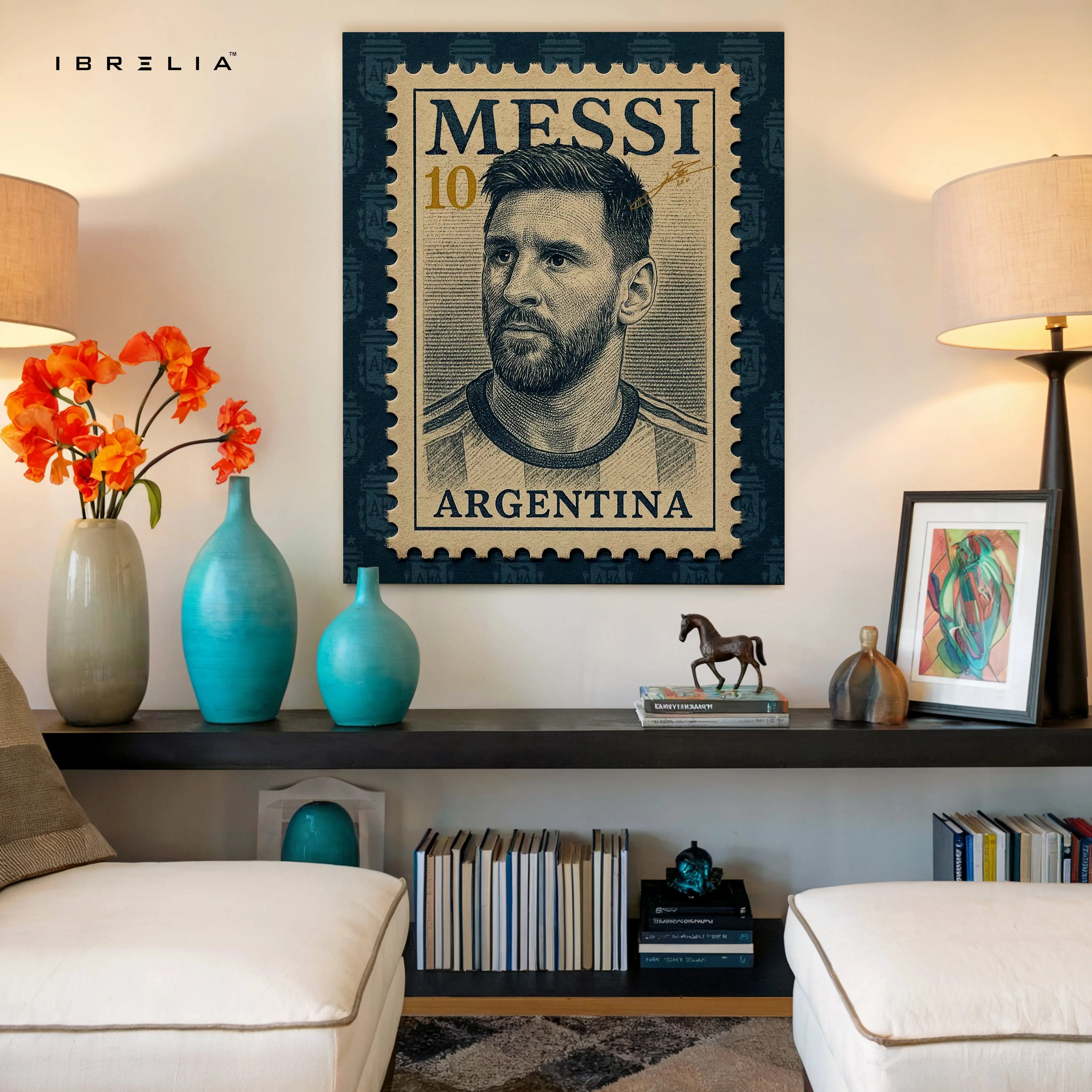 Lionel Messi Vintage Wall Art – Argentina Football Legend Canvas Frame | Retro Stamp Style Poster Pakistan | IBRELIA™ IBRELIA