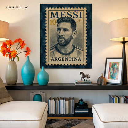 Lionel Messi Vintage Wall Art – Argentina Football Legend Canvas Frame | Retro Stamp Style Poster Pakistan | IBRELIA™ IBRELIA