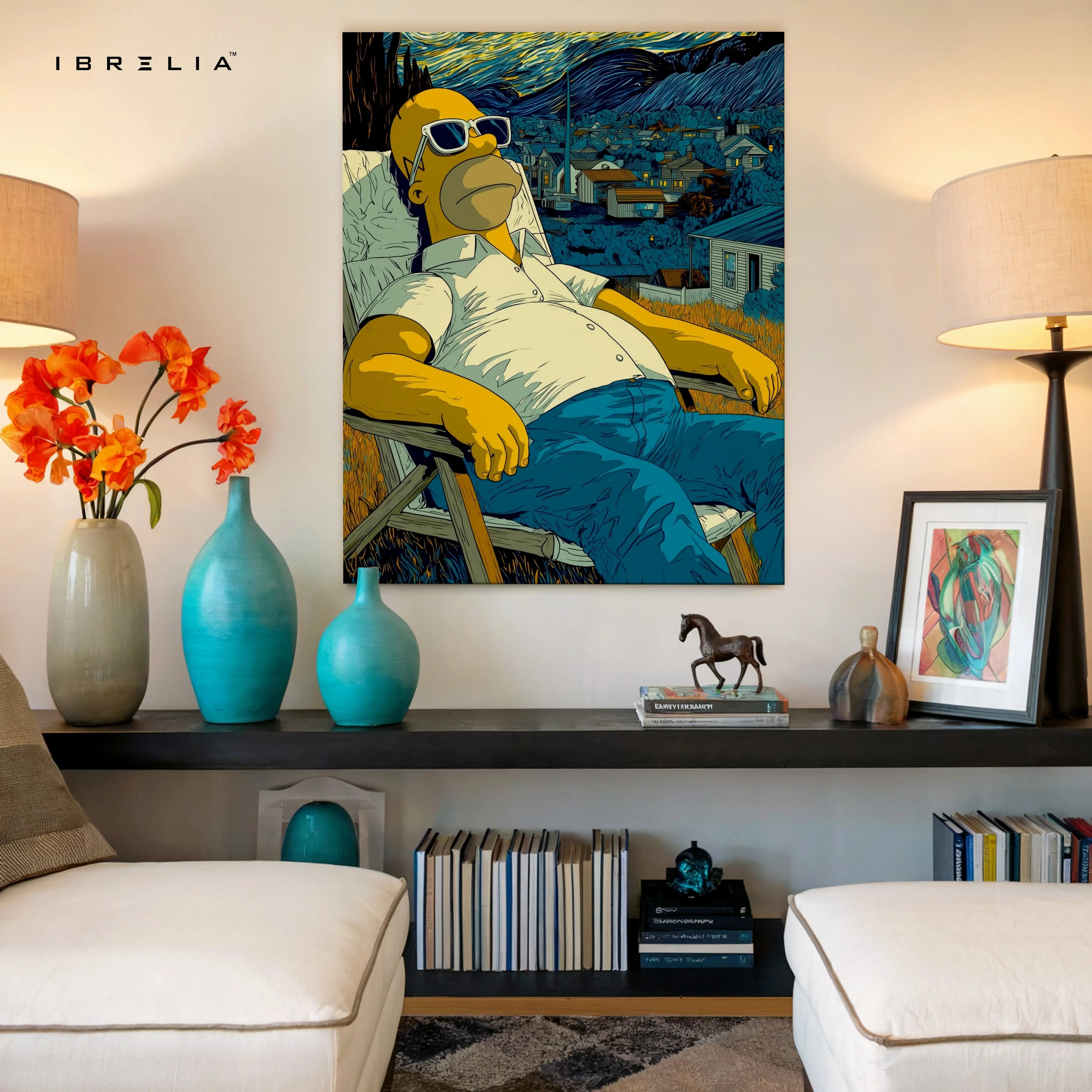 Homer Simpson Starry Chill Wall Art – Artistic Cartoon Canvas Frame | Van Gogh Style Aesthetic Decor Pakistan | IBRELIA™ IBRELIA