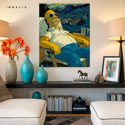 Homer Simpson Starry Chill Wall Art – Artistic Cartoon Canvas Frame | Van Gogh Style Aesthetic Decor Pakistan | IBRELIA™ IBRELIA