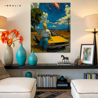 Cartoon Desert Sky Wall Art – Aesthetic Car Scene Canvas Frame | Cinematic Illustration Poster Pakistan | IBRELIA™ IBRELIA
