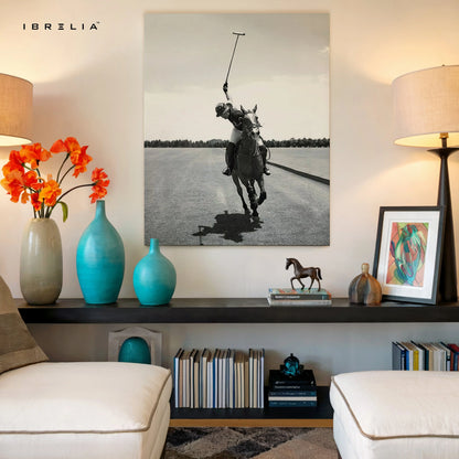 Polo Champion Action Art – Black & White Horse Rider Sports Wall Art | 4K Ultra Wrap Frame Wall Art in Pakistan | IBRELIA™ IBRELIA
