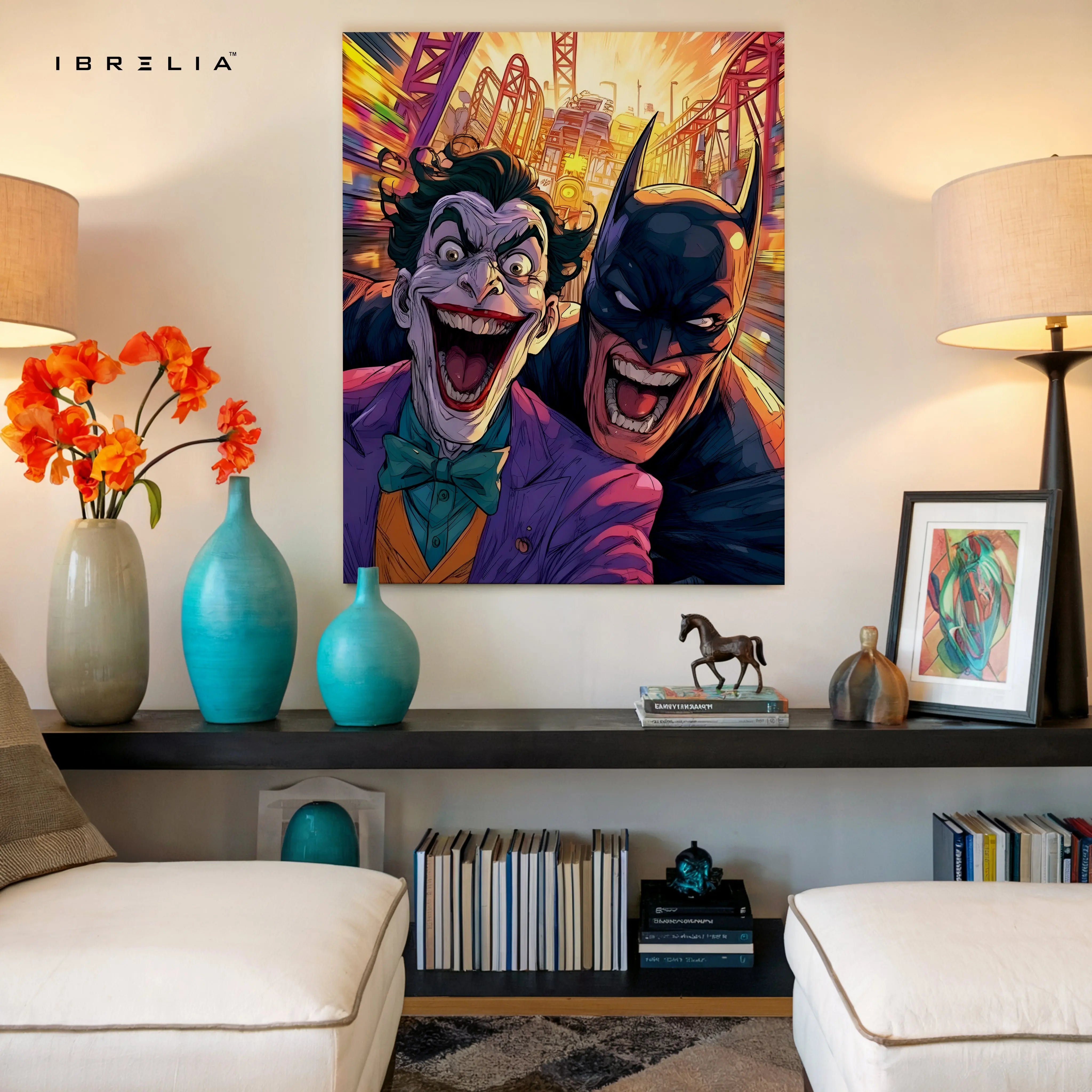 Batman vs Joker Wall Art – Chaos City Comic Style Canvas Frame | Gotham Villain & Hero Poster Pakistan | IBRELIA™ IBRELIA