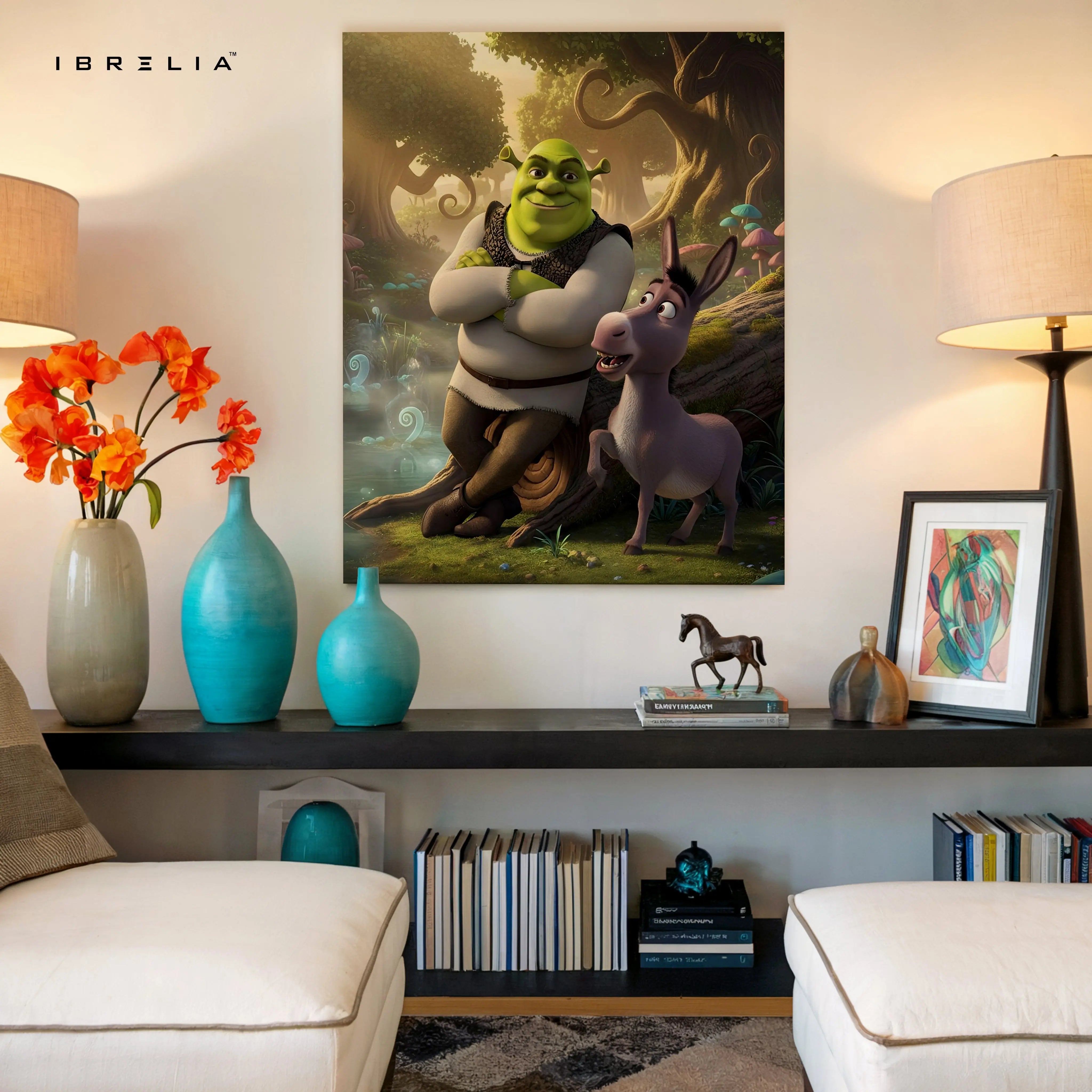 Ogre & Donkey Friendship Wall Art – Fantasy Humor Canvas Frame | Animated Duo Scene Decor Pakistan | IBRELIA™ IBRELIA
