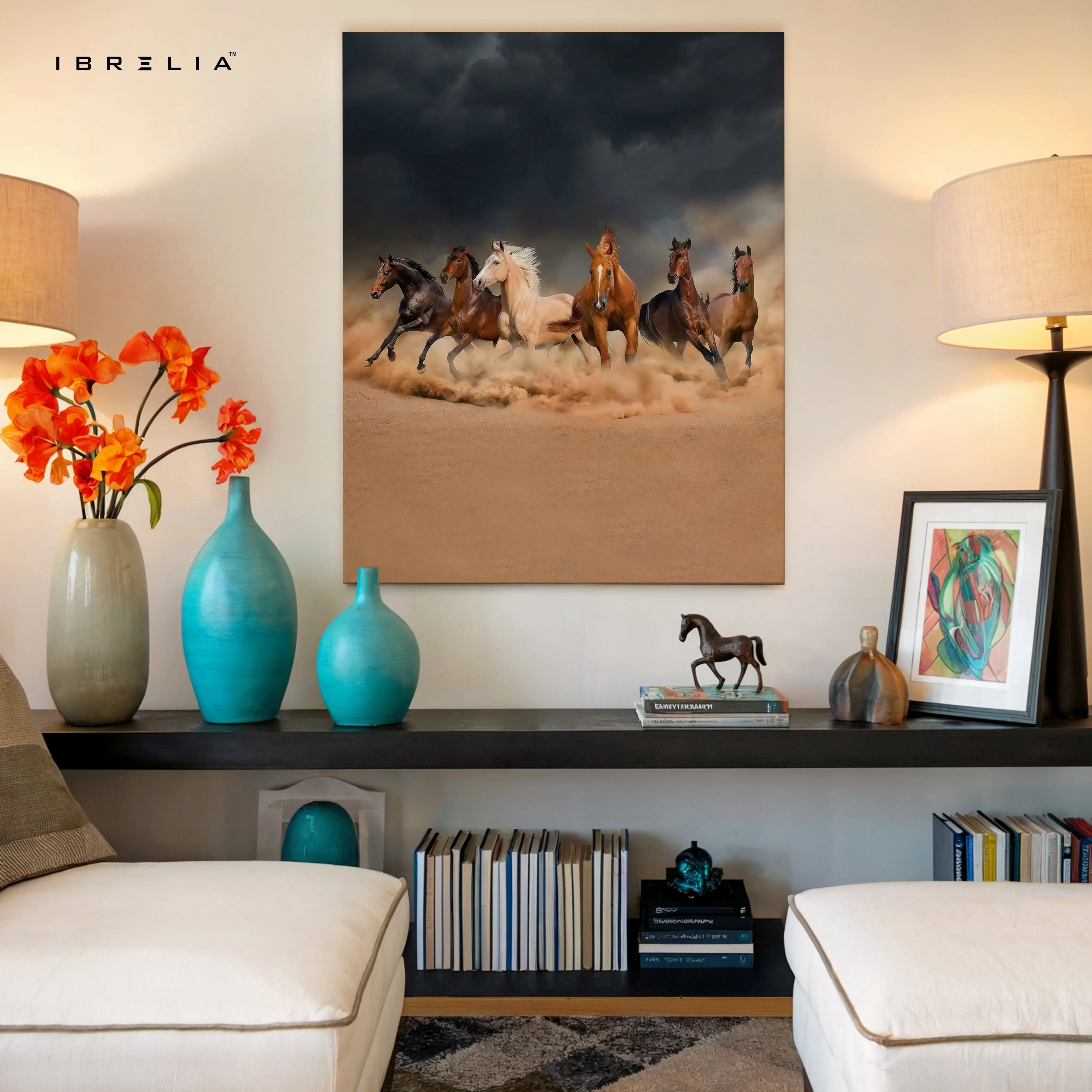 Storm Stallions Charge Art – Wild Running Horses Dark Sky Wall Art | 4K Ultra Wrap Frame Wall Art in Pakistan | IBRELIA™ IBRELIA