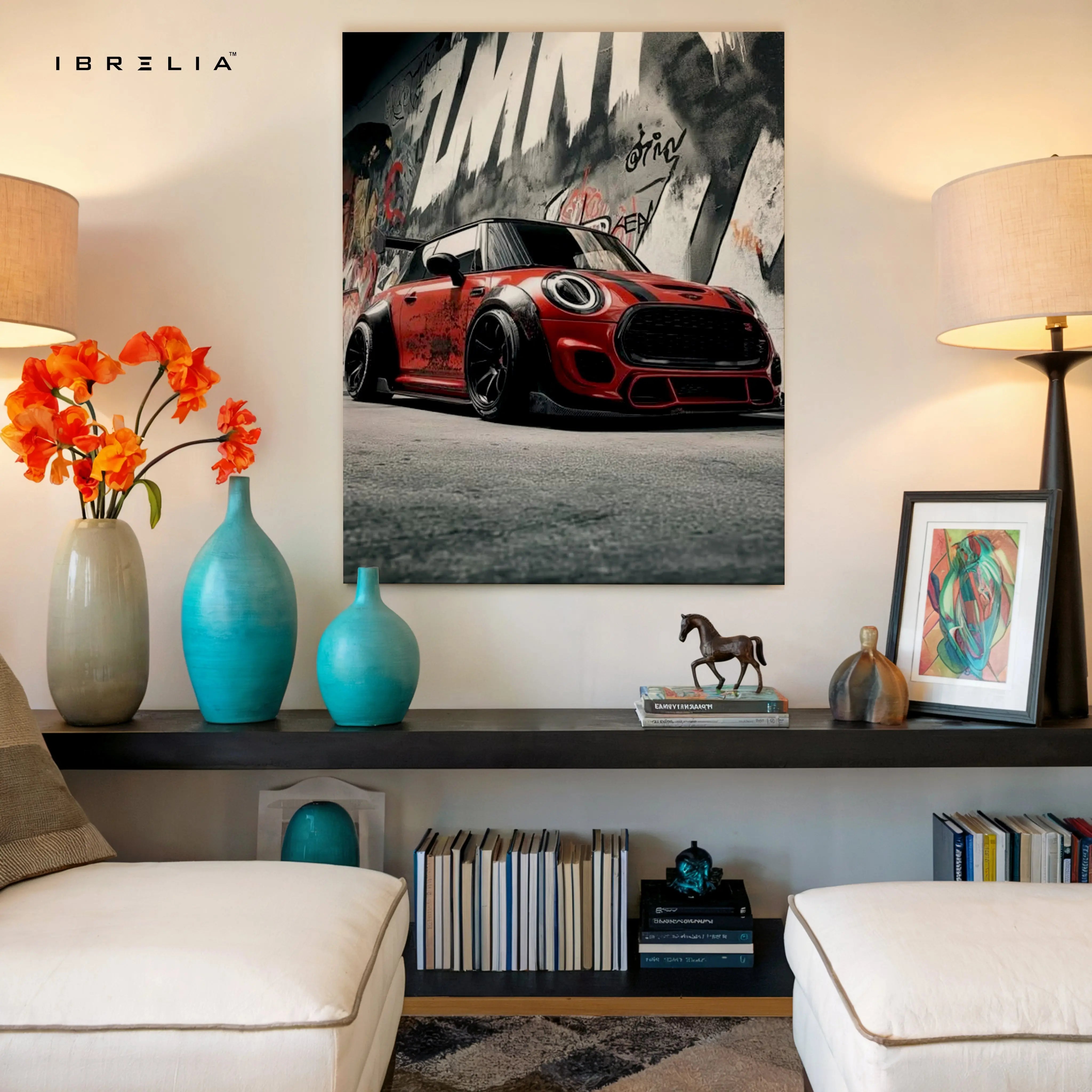 Mini Cooper Street Racing Wall Art – Urban Car Canvas Frame Pakistan | Graffiti Car Poster | IBRELIA™ IBRELIA