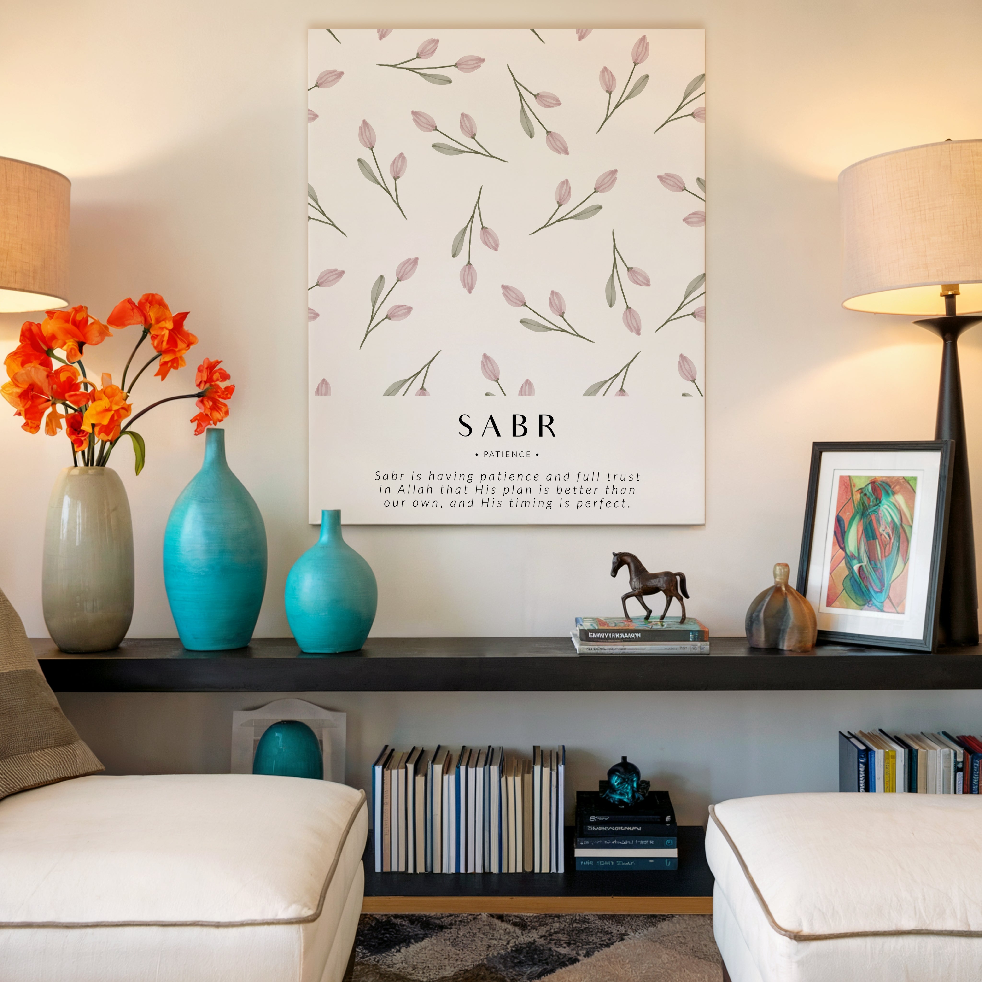 Sabr Patience Islamic Wall Art – Soft Pink Tulip Floral Design | 4K Ultra Wrap Frame Wall Art in Pakistan | IBRELIA™