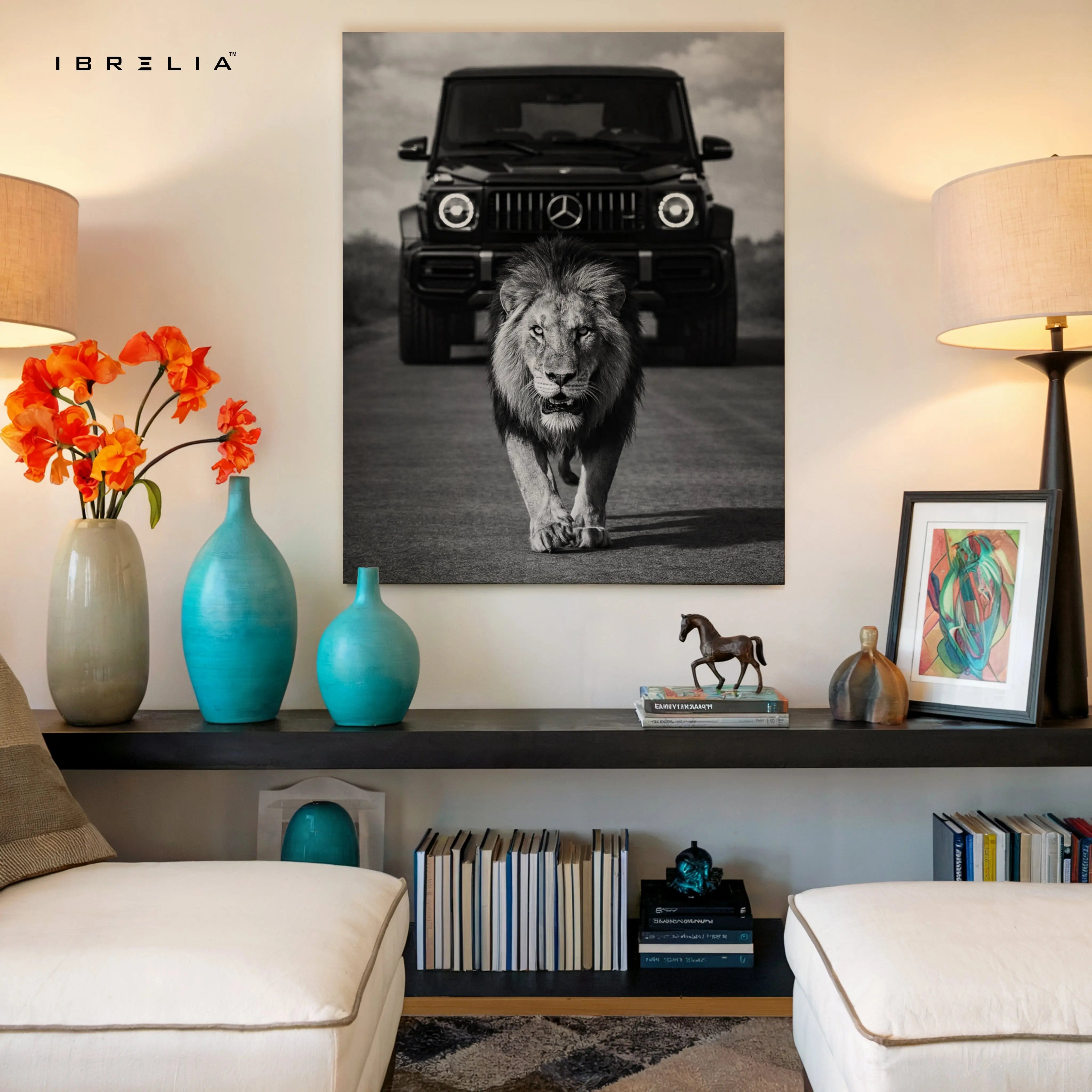 Lion & G Wagon Power Wall Art – Luxury Beast Black & White Canvas Frame | Bold Animal Car Poster Pakistan | IBRELIA™ IBRELIA