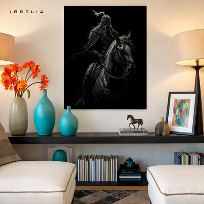 Dark Warrior Wall Art – Viking Rider Canvas Frame | Black Aesthetic Horse Poster Pakistan | IBRELIA™ IBRELIA