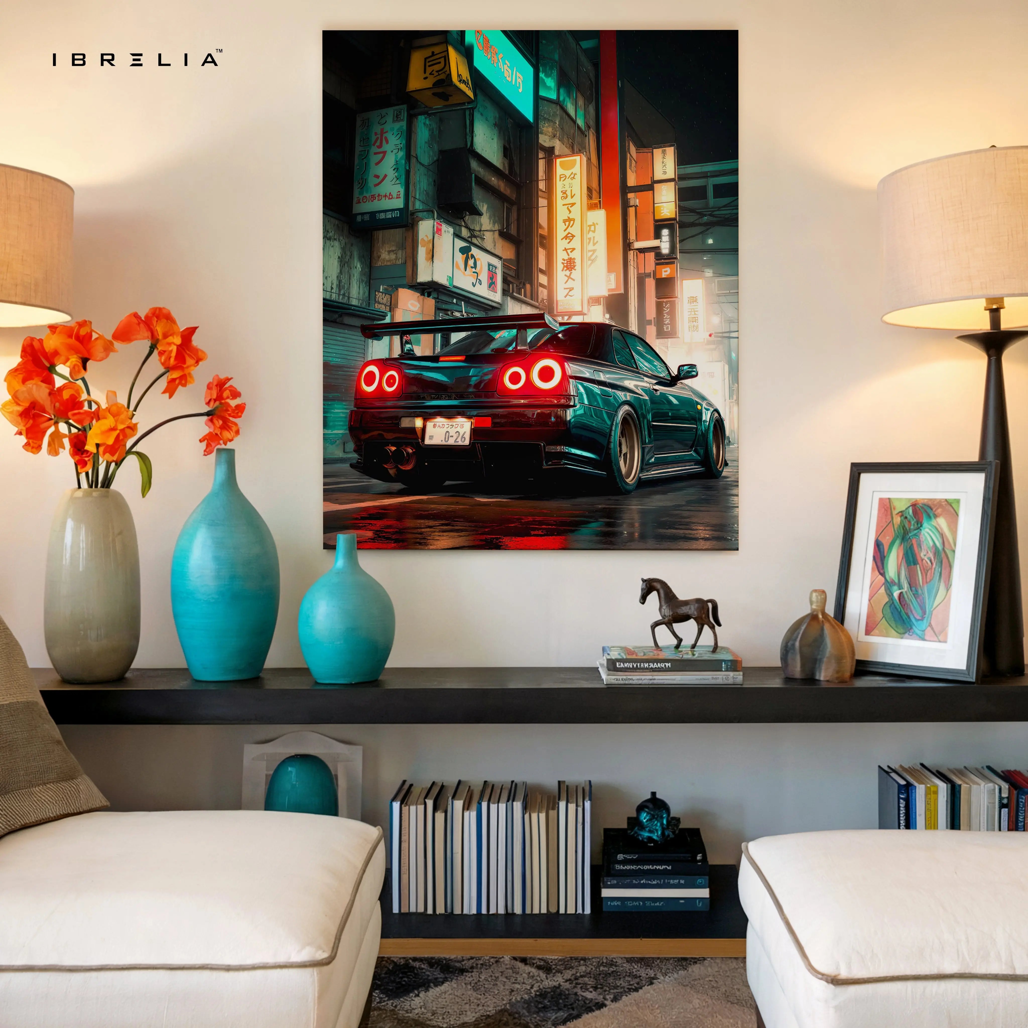 JDM Neon Night Street Car Art – Cyberpunk Tokyo Style Sports Car Wall Art | 4K Ultra Wrap Frame Wall Art in Pakistan | IBRELIA™ IBRELIA