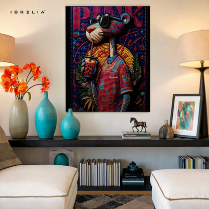 Pink Panther Bubble Tea Wall Art – Pop Art Cartoon Canvas Frame | Colorful Street Style Decor Pakistan | IBRELIA™ IBRELIA