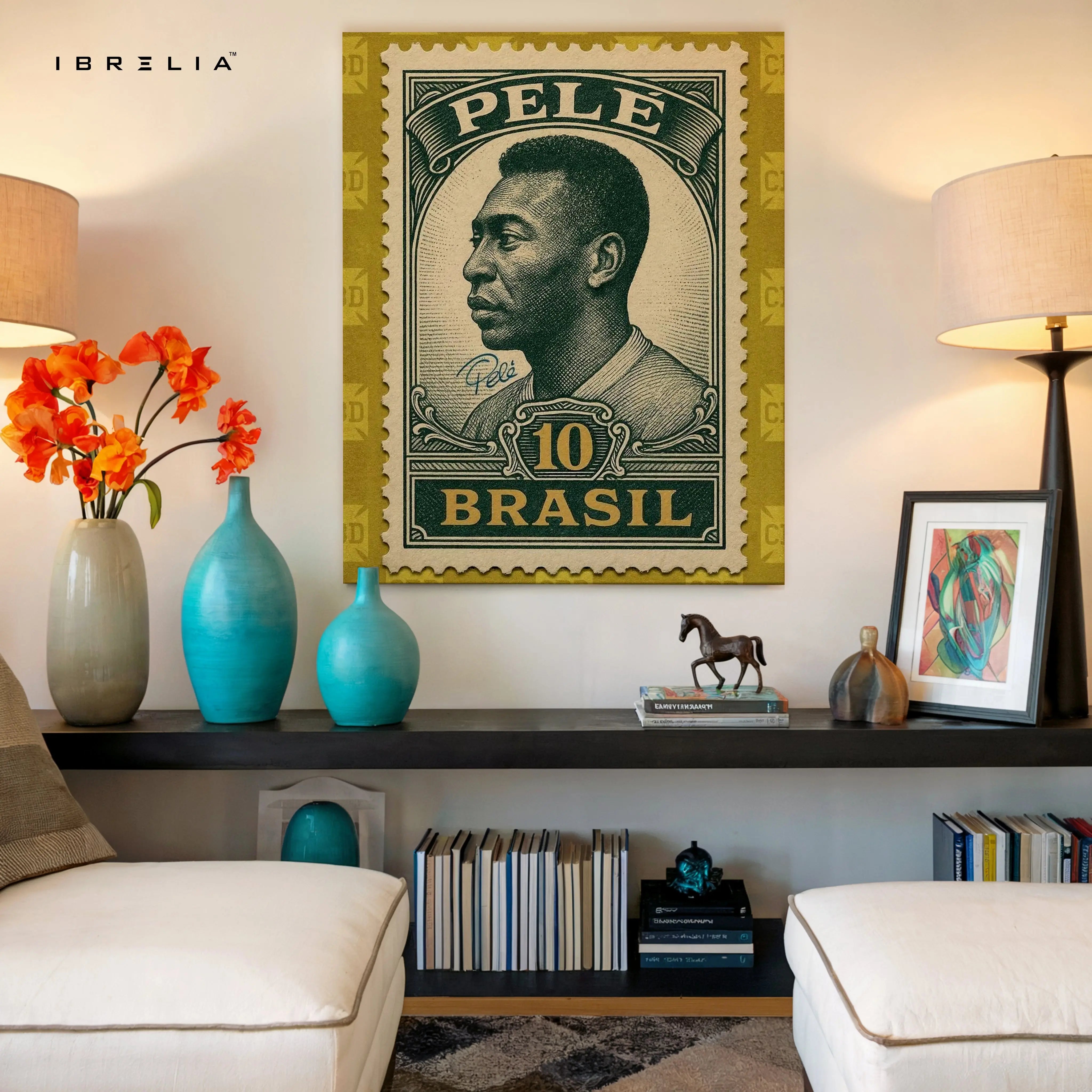 Pelé Vintage Stamp Wall Art – Brazil Football Legend Canvas Frame | Classic Sports Poster Pakistan | IBRELIA™ IBRELIA