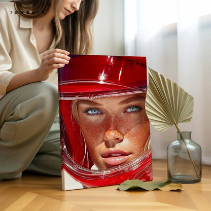 Red Helmet Portrait Wall Art – Aesthetic Fashion Canvas Frame | Bold Modern Female Poster Pakistan | IBRELIA™ IBRELIA