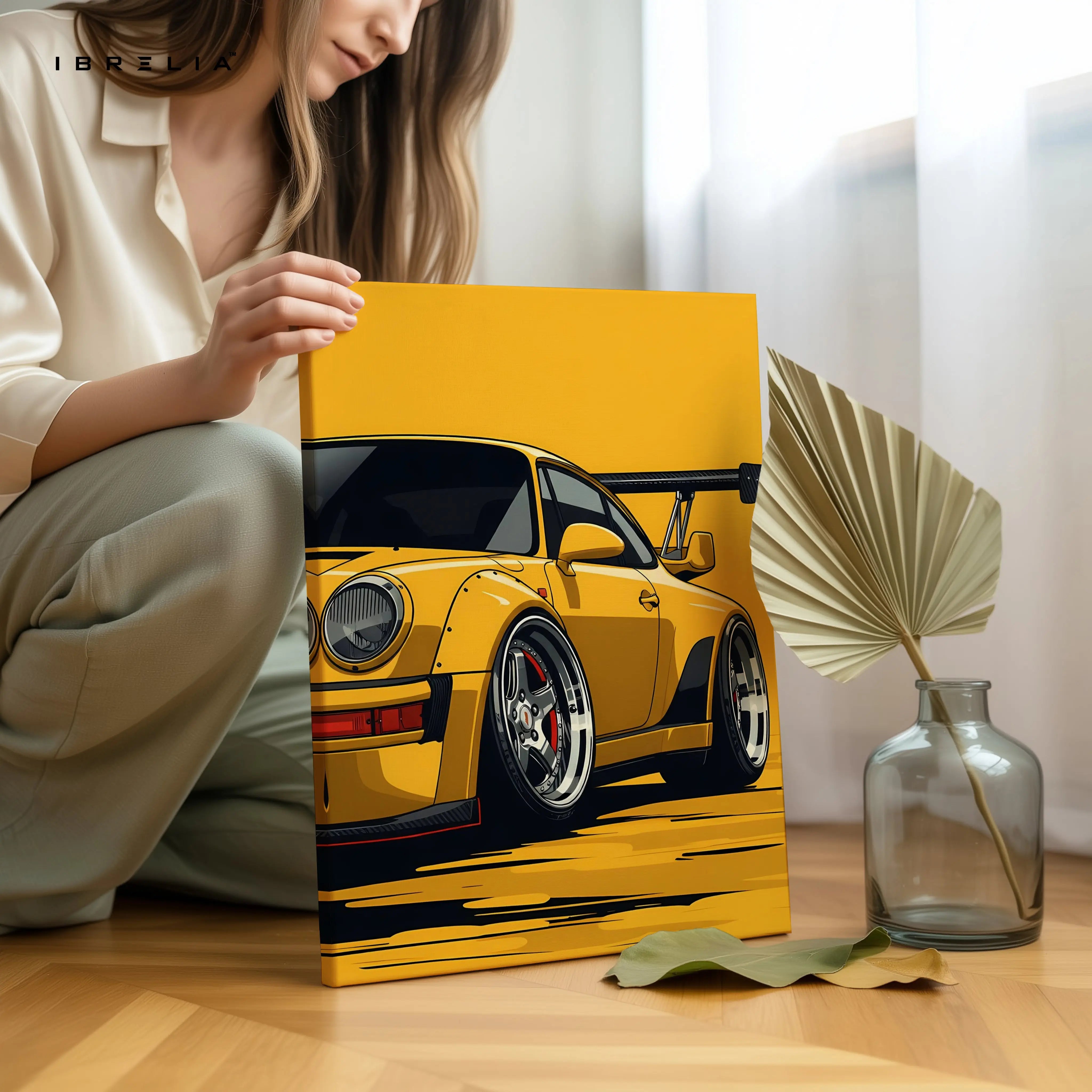Porsche Yellow Widebody Wall Art – Sports Car Racing Canvas Frame Pakistan | JDM Style Car Poster | IBRELIA™ IBRELIA