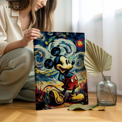 Mickey Mouse Starry Night Wall Art – Artistic Cartoon Canvas Frame | Abstract Classic Painting Style Poster Pakistan | IBRELIA™ IBRELIA