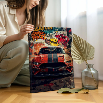 Ford Mustang Graffiti Wall Art – Street Racing Car Canvas Frame Pakistan | Urban Muscle Car Poster | IBRELIA™ IBRELIA