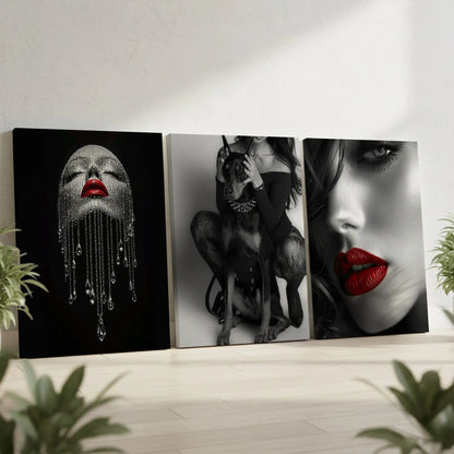 Red Lips Noir Luxury 3 Panel 4K Ultra HD Wall Art in Pakistan | IBRELIA™ IBRELIA