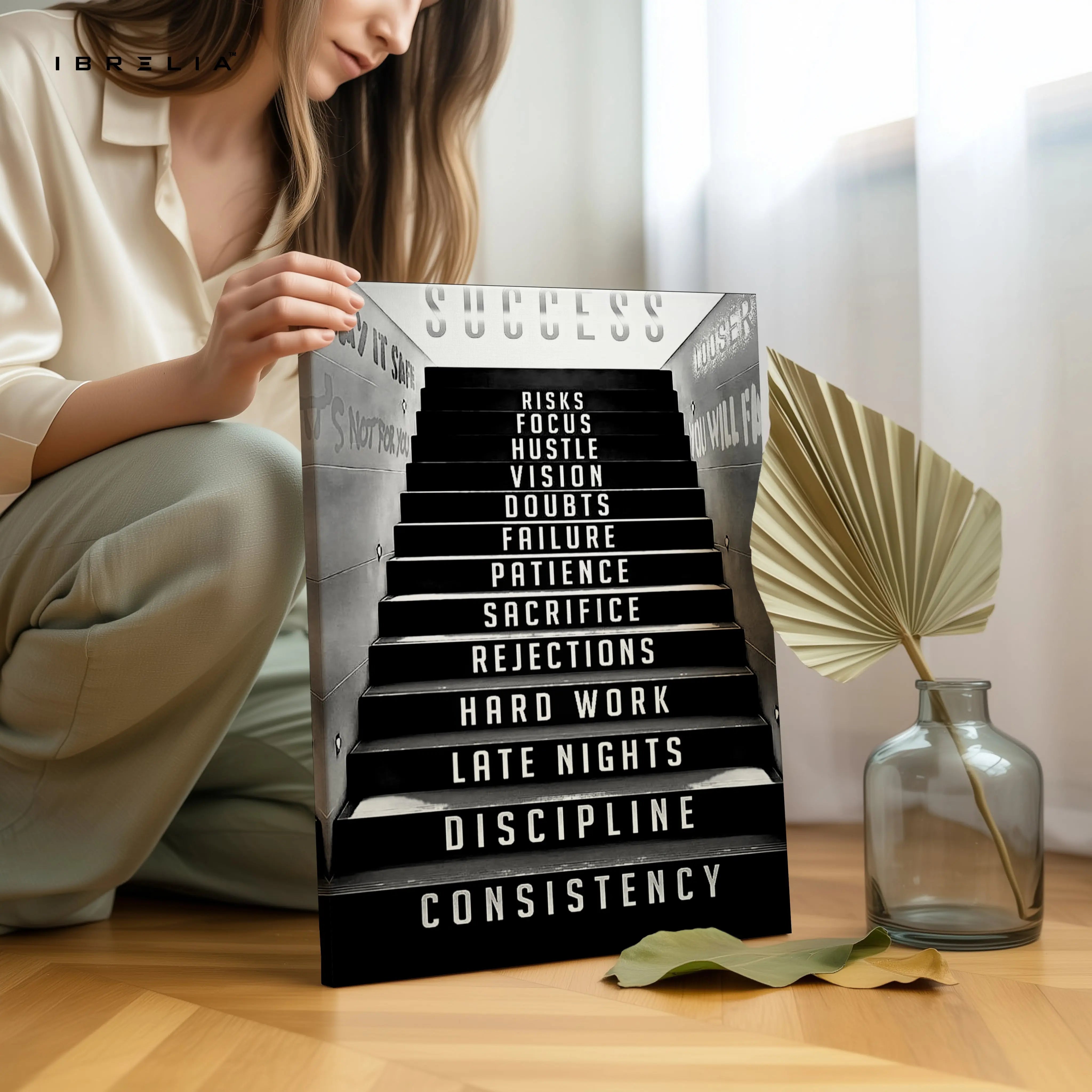 Success Staircase Motivation Wall Art – Hustle & Discipline Canvas Frame | Inspirational Office Poster Pakistan | IBRELIA™ IBRELIA