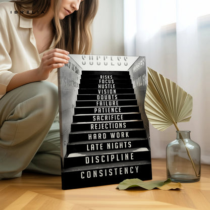 Success Staircase Motivation Wall Art – Hustle & Discipline Canvas Frame | Inspirational Office Poster Pakistan | IBRELIA™ IBRELIA