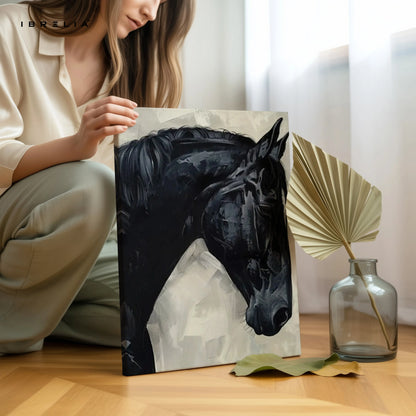 Black Stallion Abstract Art – Minimal Horse Portrait Luxury Wall Art | 4K Ultra Wrap Frame Wall Art in Pakistan | IBRELIA™ IBRELIA