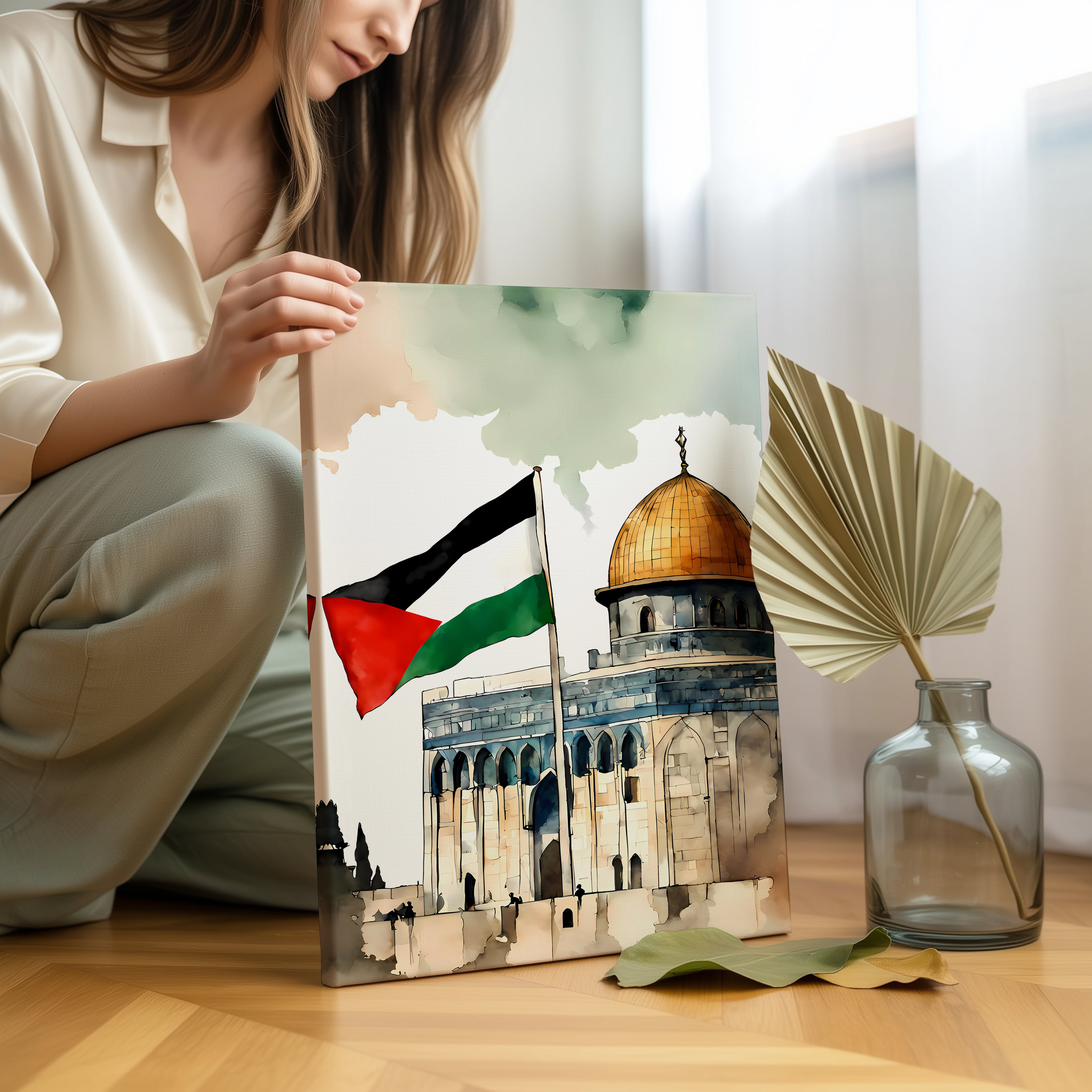 Dome of the Rock Palestine Flag Art – Jerusalem Watercolor Wall Art | 4K Ultra Wrap Frame Wall Art in Pakistan | IBRELIA™